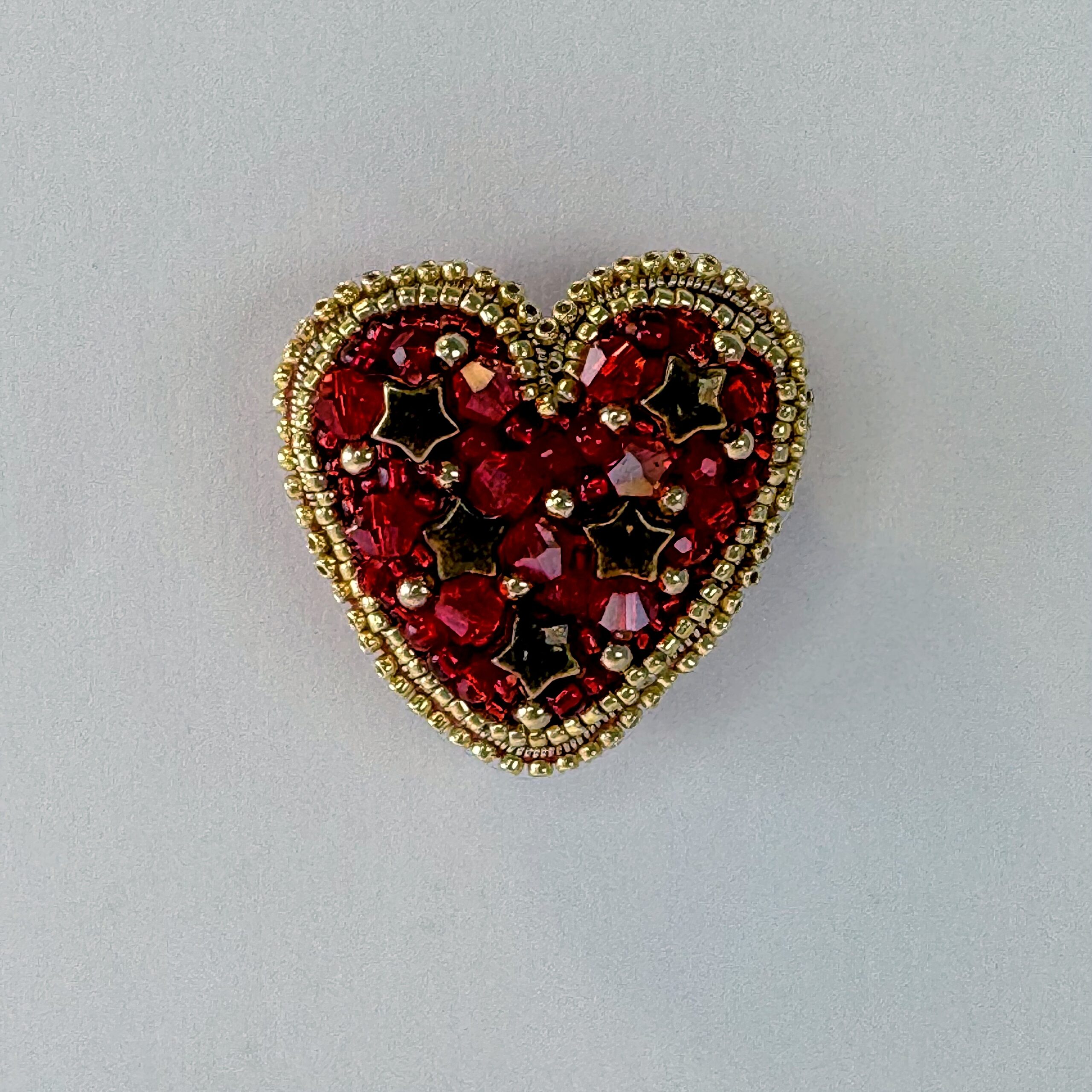 Red Heart Brooch with Gold Stars, Beaded Red Crystal Heart Pin, Handmade Romantic Valentine Jewelry, Love Gift Her — view 2