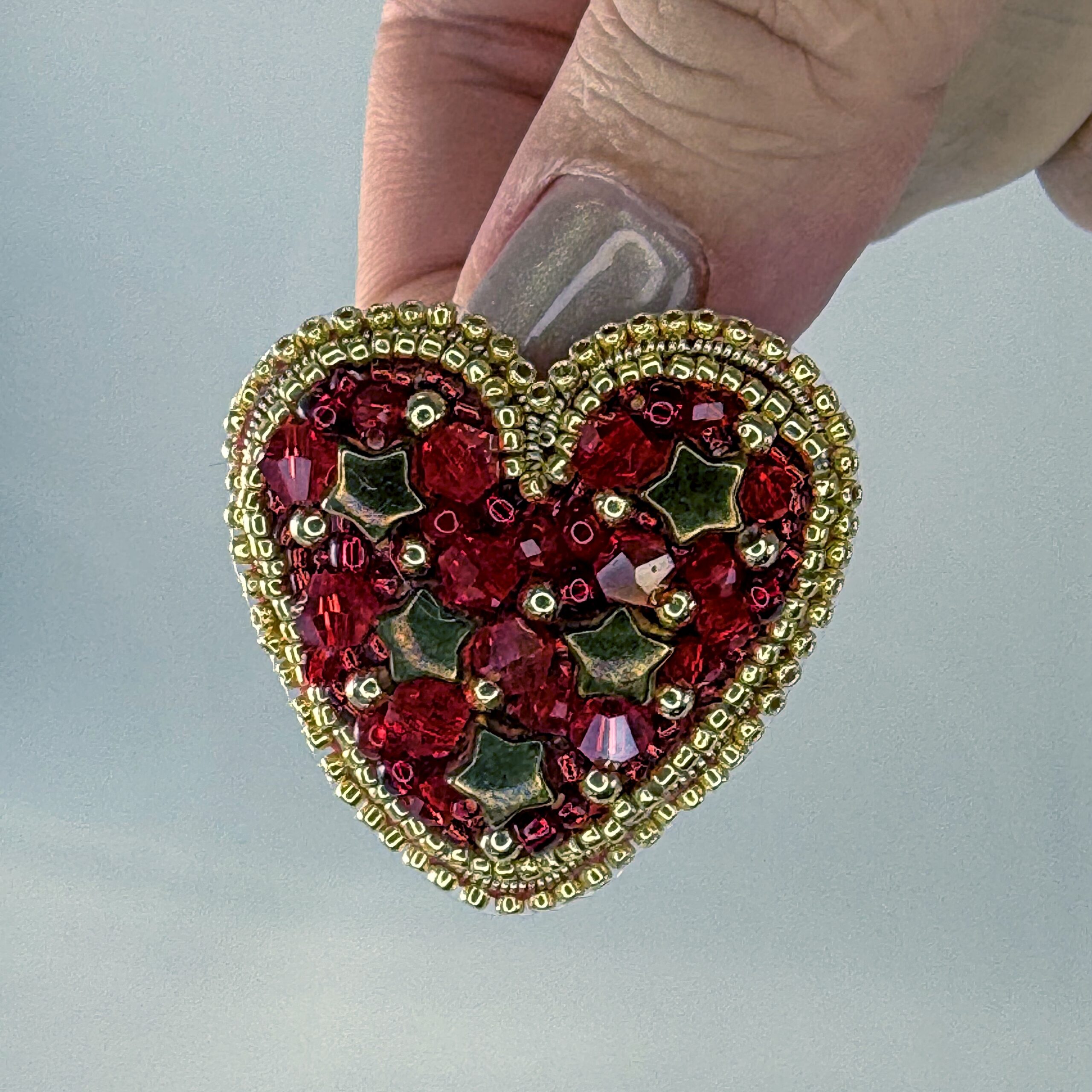 Red Heart Brooch with Gold Stars, Beaded Red Crystal Heart Pin, Handmade Romantic Valentine Jewelry, Love Gift Her — view 6