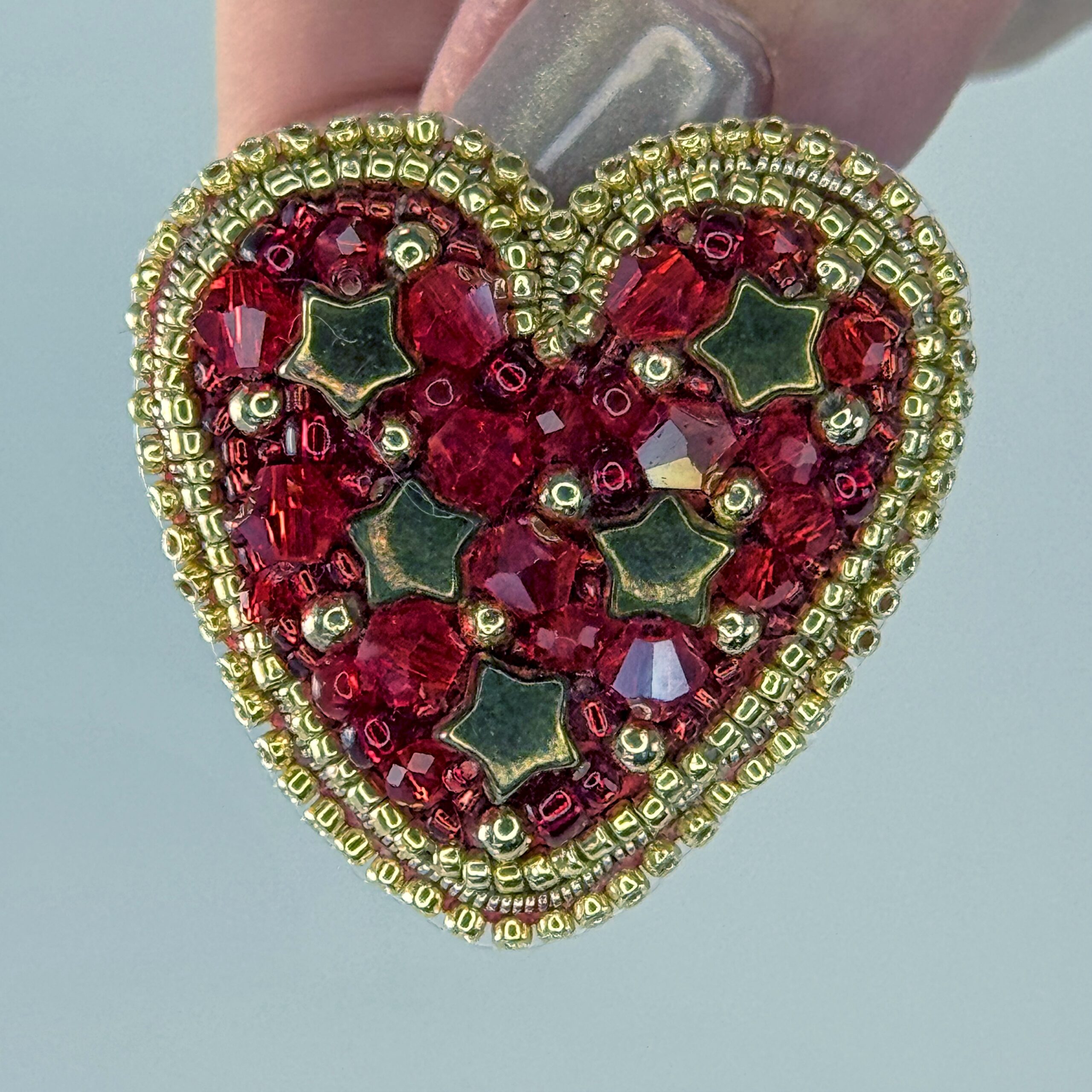 Red Heart Brooch with Gold Stars, Beaded Red Crystal Heart Pin, Handmade Romantic Valentine Jewelry, Love Gift Her — view 7