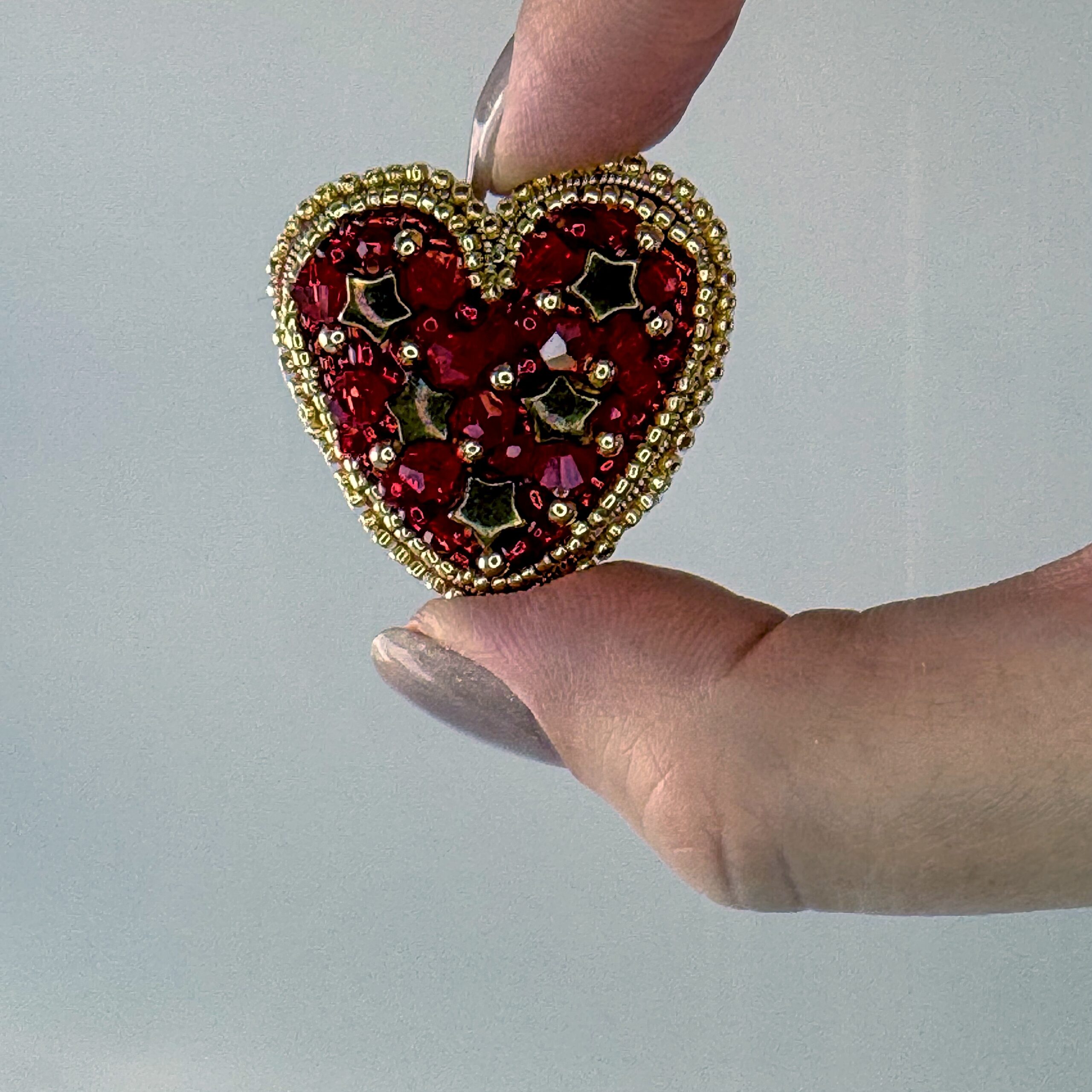Red Heart Brooch with Gold Stars, Beaded Red Crystal Heart Pin, Handmade Romantic Valentine Jewelry, Love Gift Her — view 8