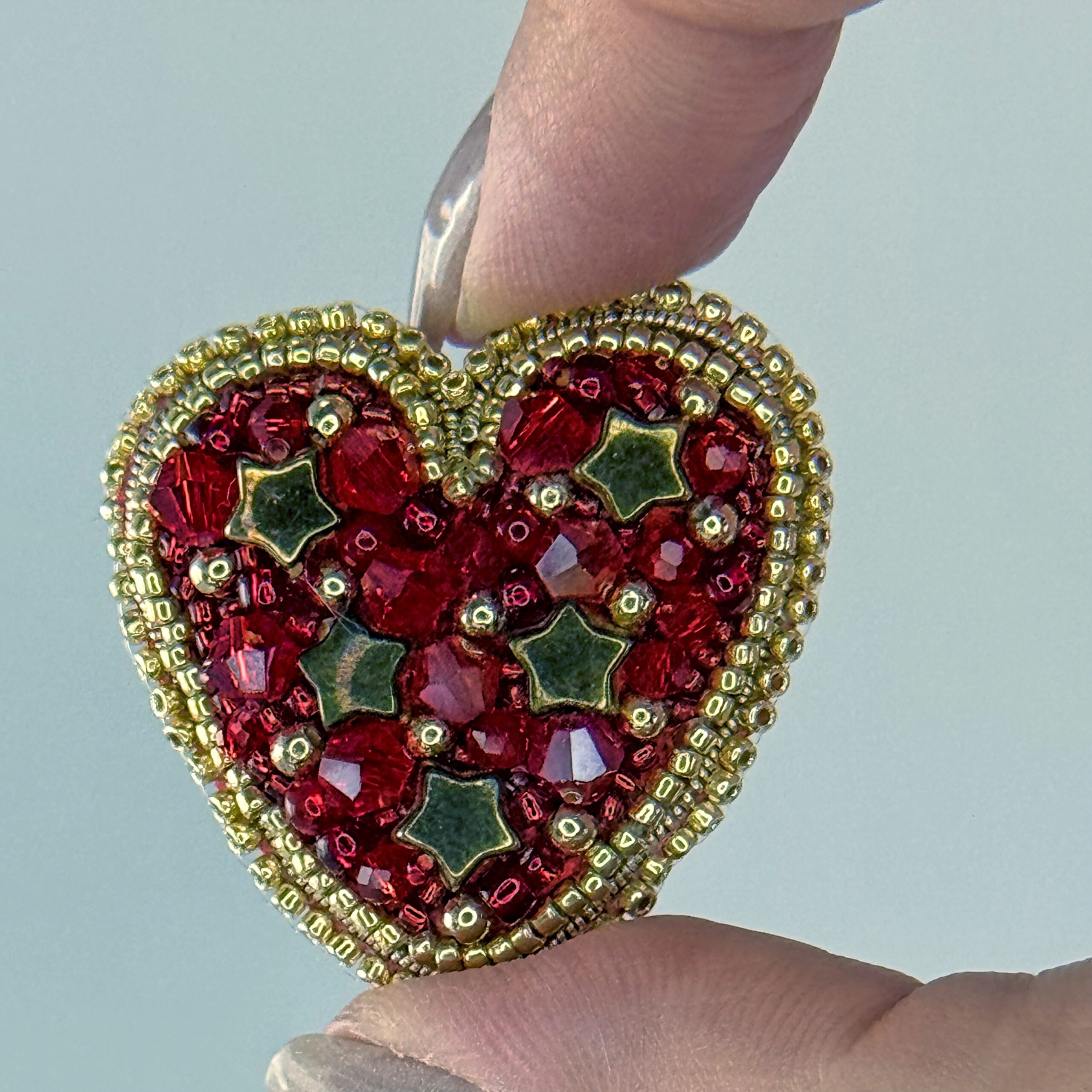 Red Heart Brooch with Gold Stars, Beaded Red Crystal Heart Pin, Handmade Romantic Valentine Jewelry, Love Gift Her — view 9