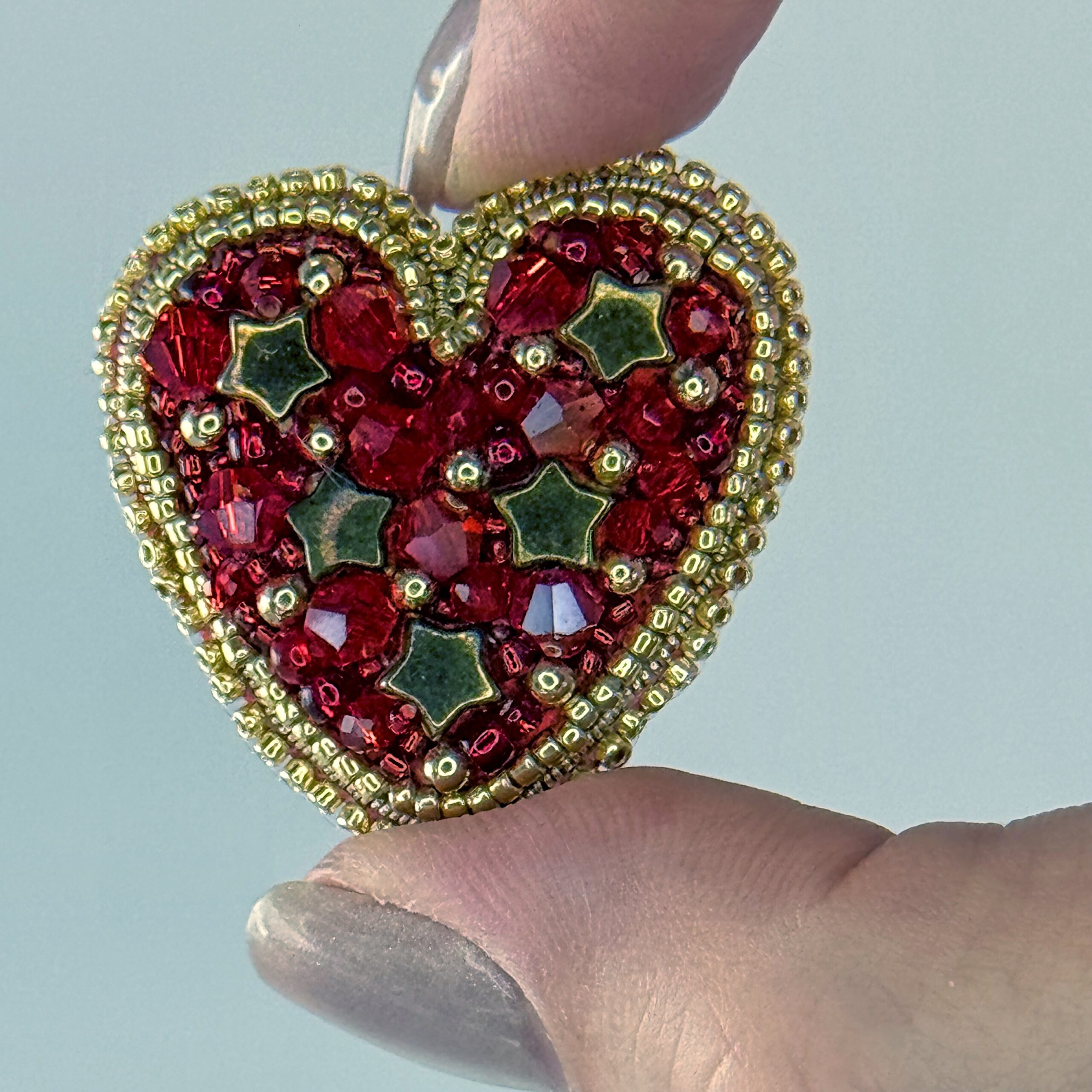 Red Heart Brooch with Gold Stars, Beaded Red Crystal Heart Pin, Handmade Romantic Valentine Jewelry, Love Gift Her — view 10