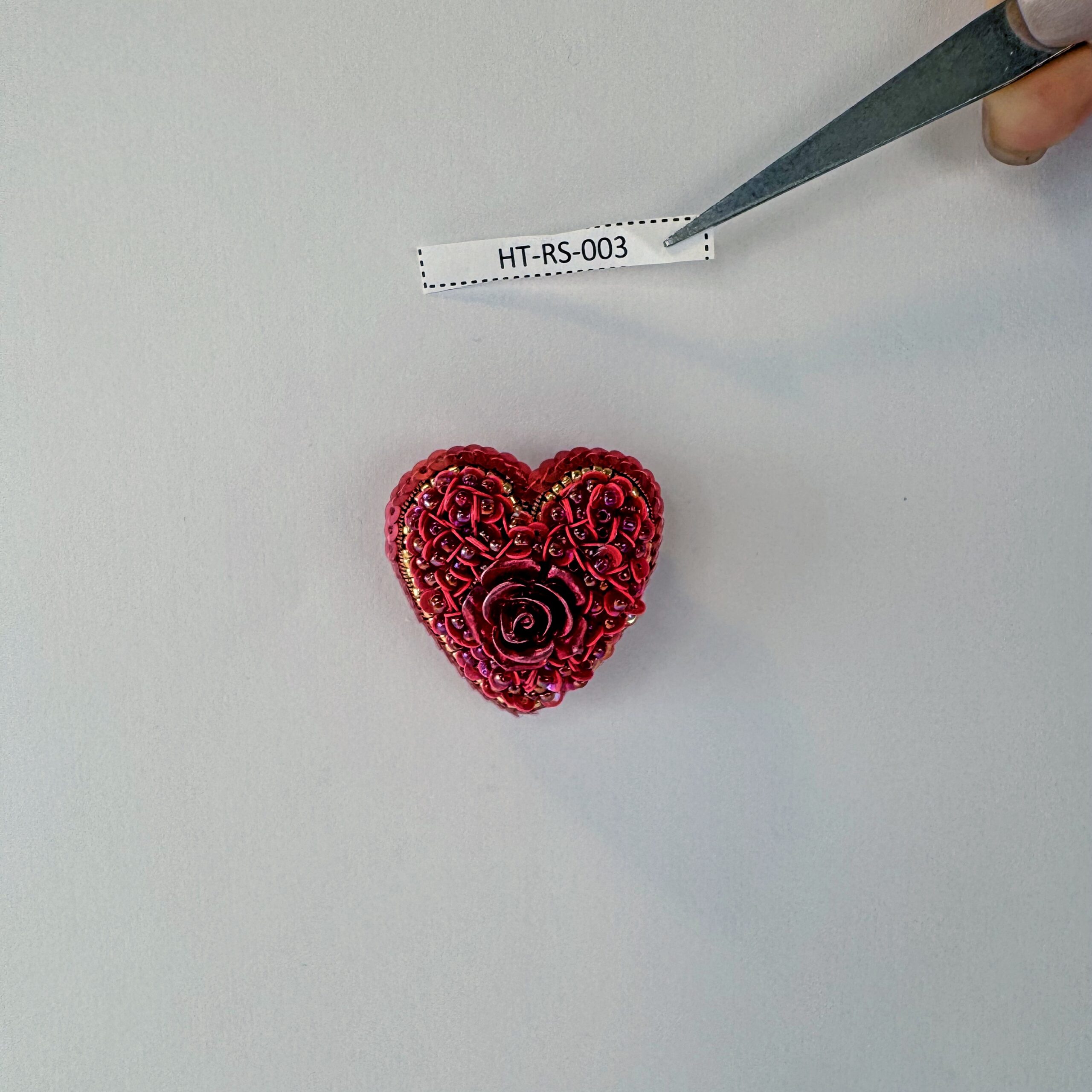 Red Heart Brooch All Sequins with Red Rose, Small Monochrome Heart Pin, Handmade Valentine Jewelry, Love Gift Her — view 1