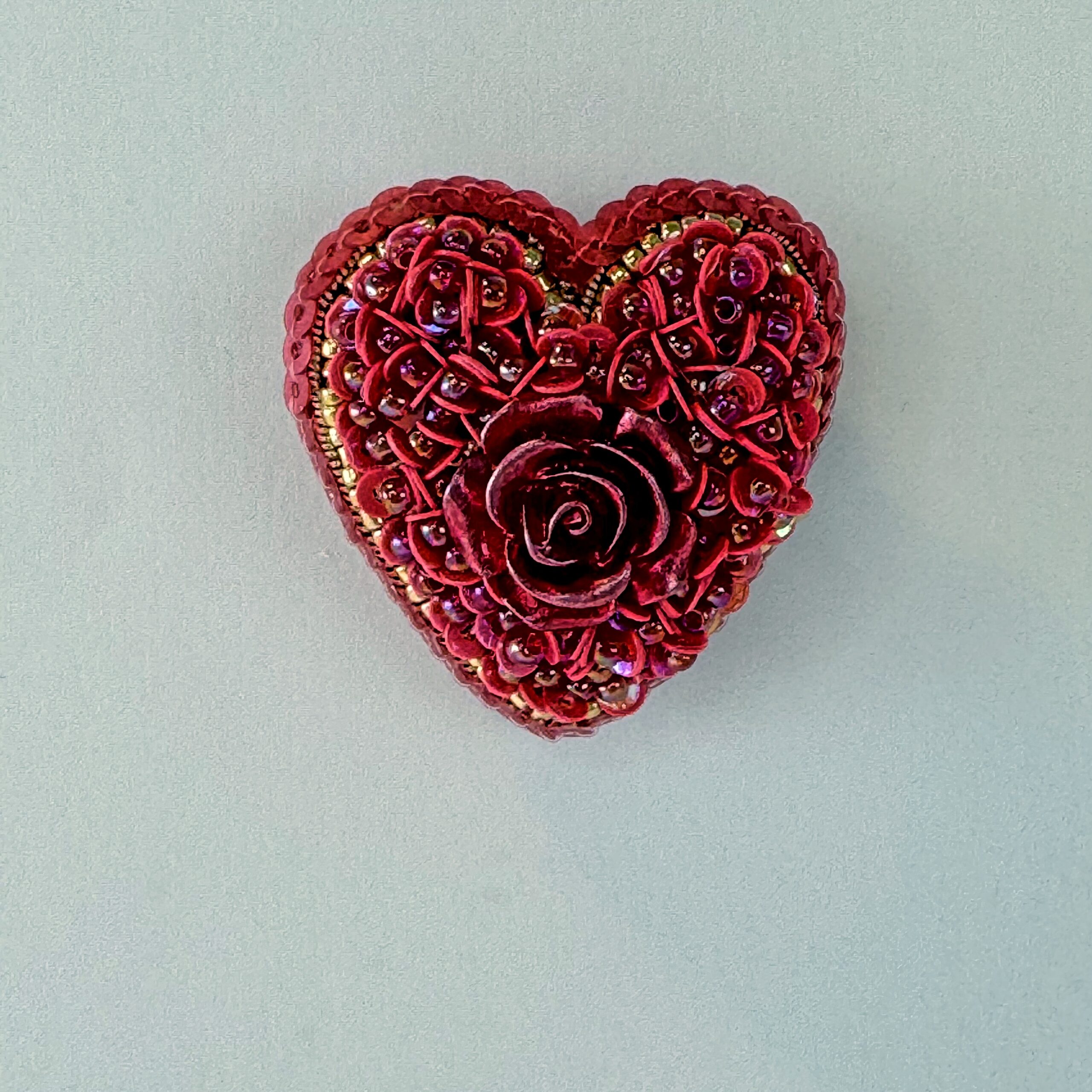 Red Heart Brooch All Sequins with Red Rose, Small Monochrome Heart Pin, Handmade Valentine Jewelry, Love Gift Her — view 2