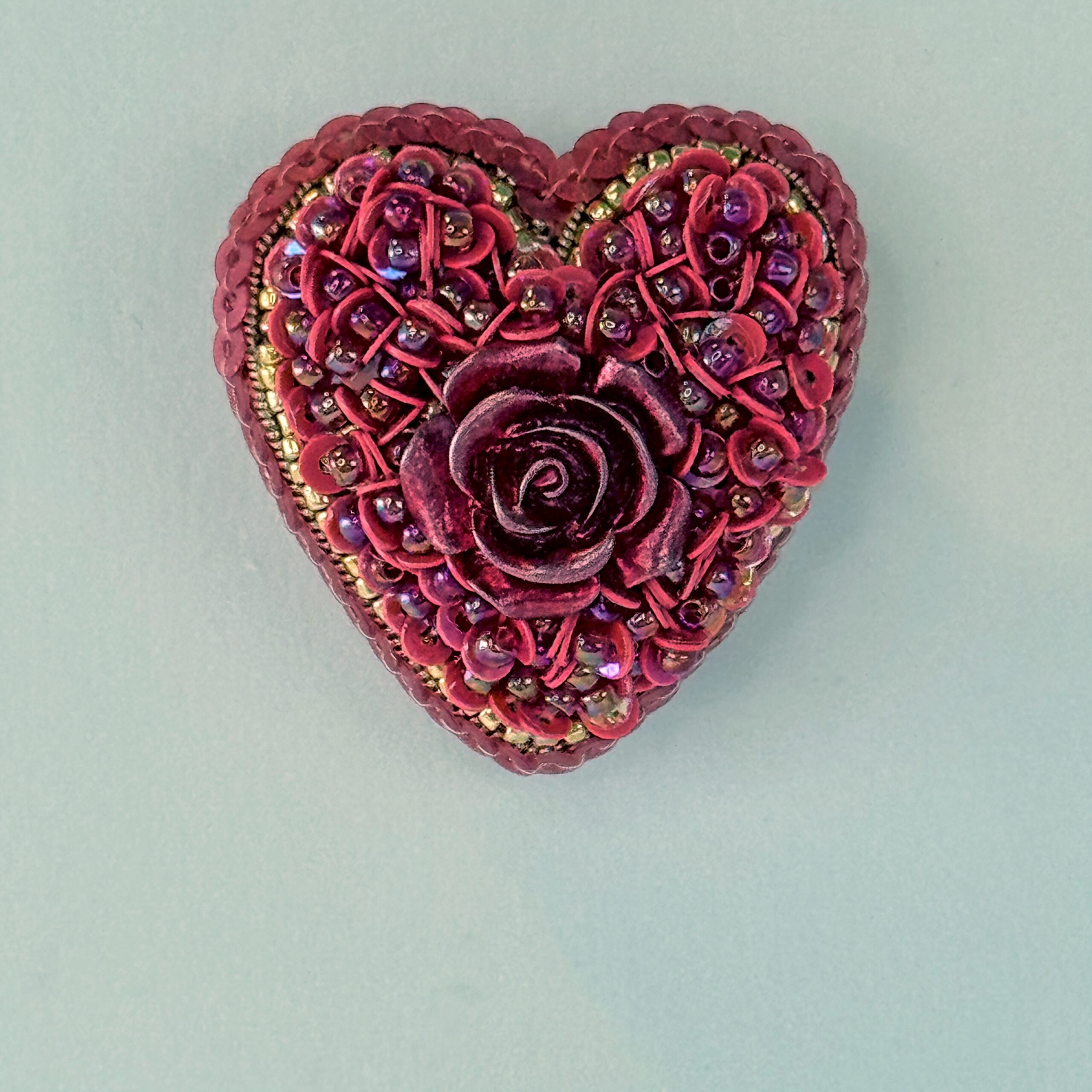 Red Heart Brooch All Sequins with Red Rose, Small Monochrome Heart Pin, Handmade Valentine Jewelry, Love Gift Her — view 3