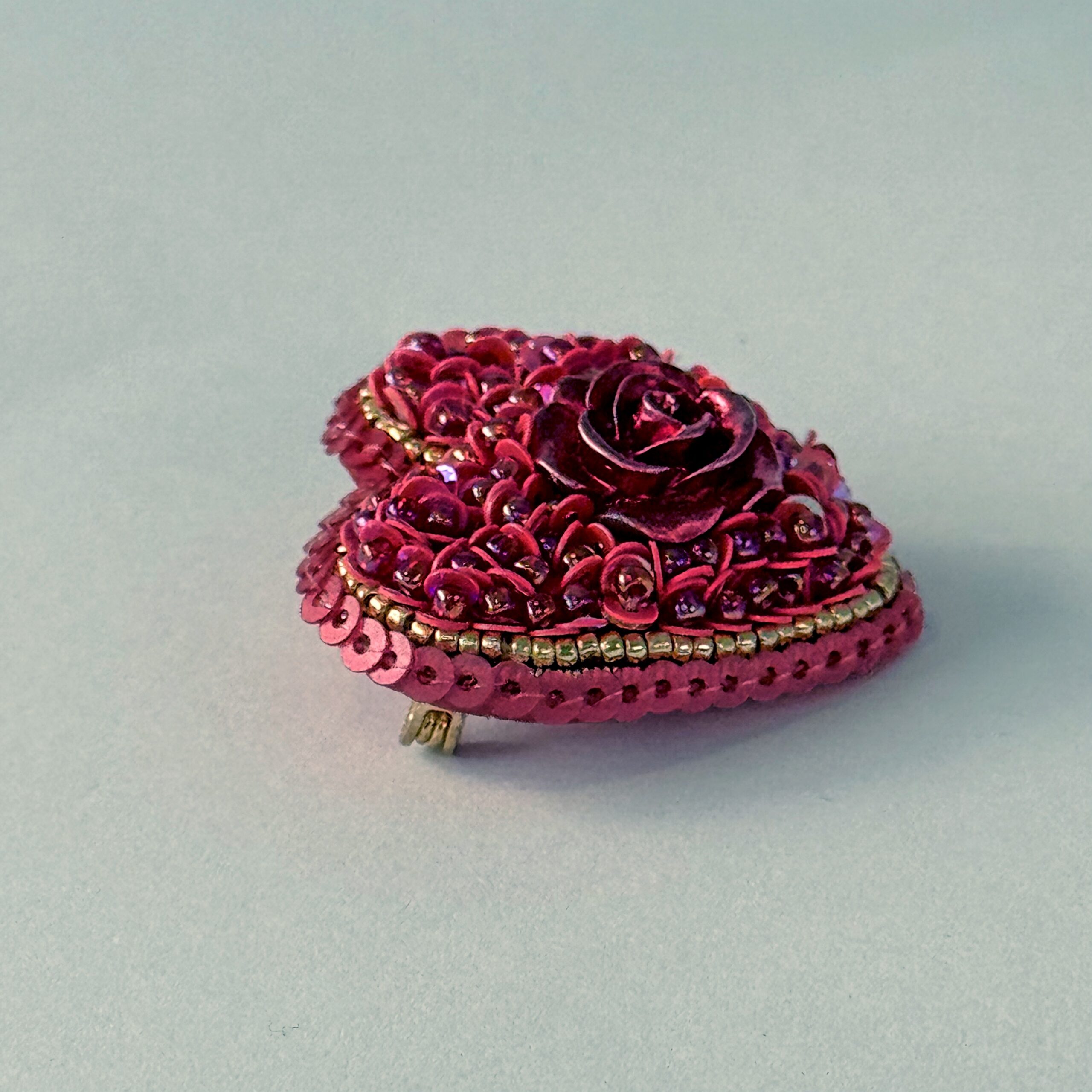 Red Heart Brooch All Sequins with Red Rose, Small Monochrome Heart Pin, Handmade Valentine Jewelry, Love Gift Her — view 4