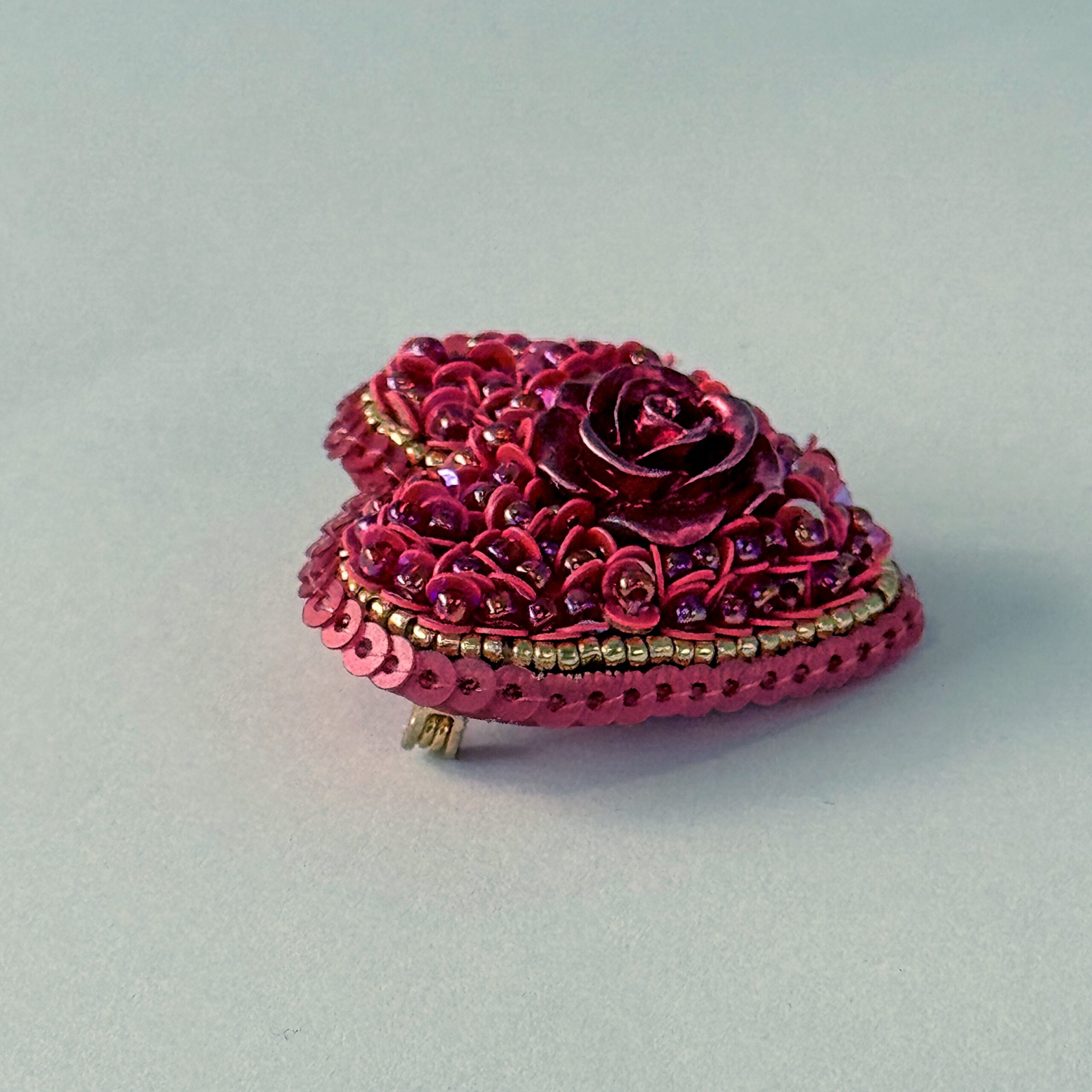 Red Heart Brooch All Sequins with Red Rose, Small Monochrome Heart Pin, Handmade Valentine Jewelry, Love Gift Her — view 5