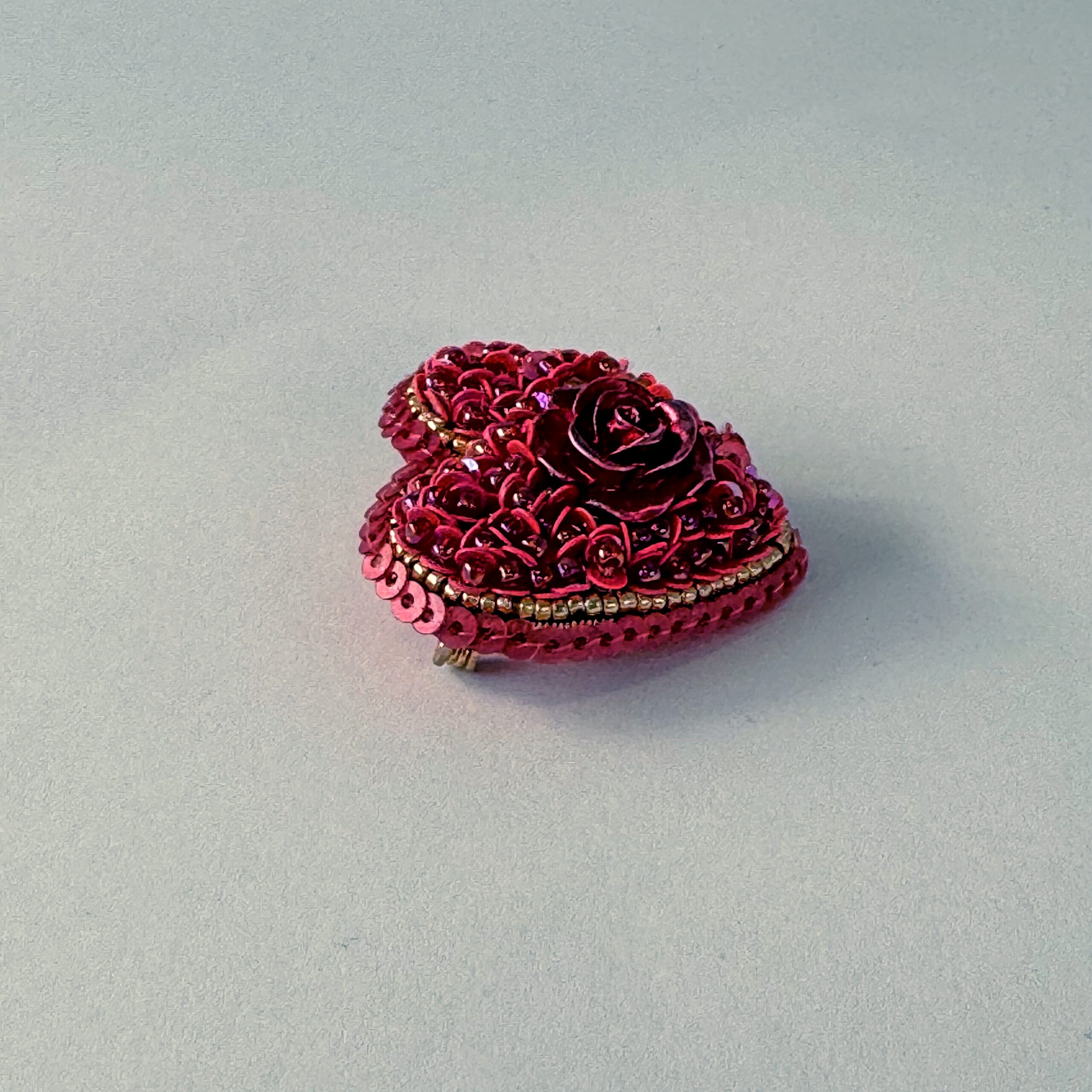 Red Heart Brooch All Sequins with Red Rose, Small Monochrome Heart Pin, Handmade Valentine Jewelry, Love Gift Her — view 6