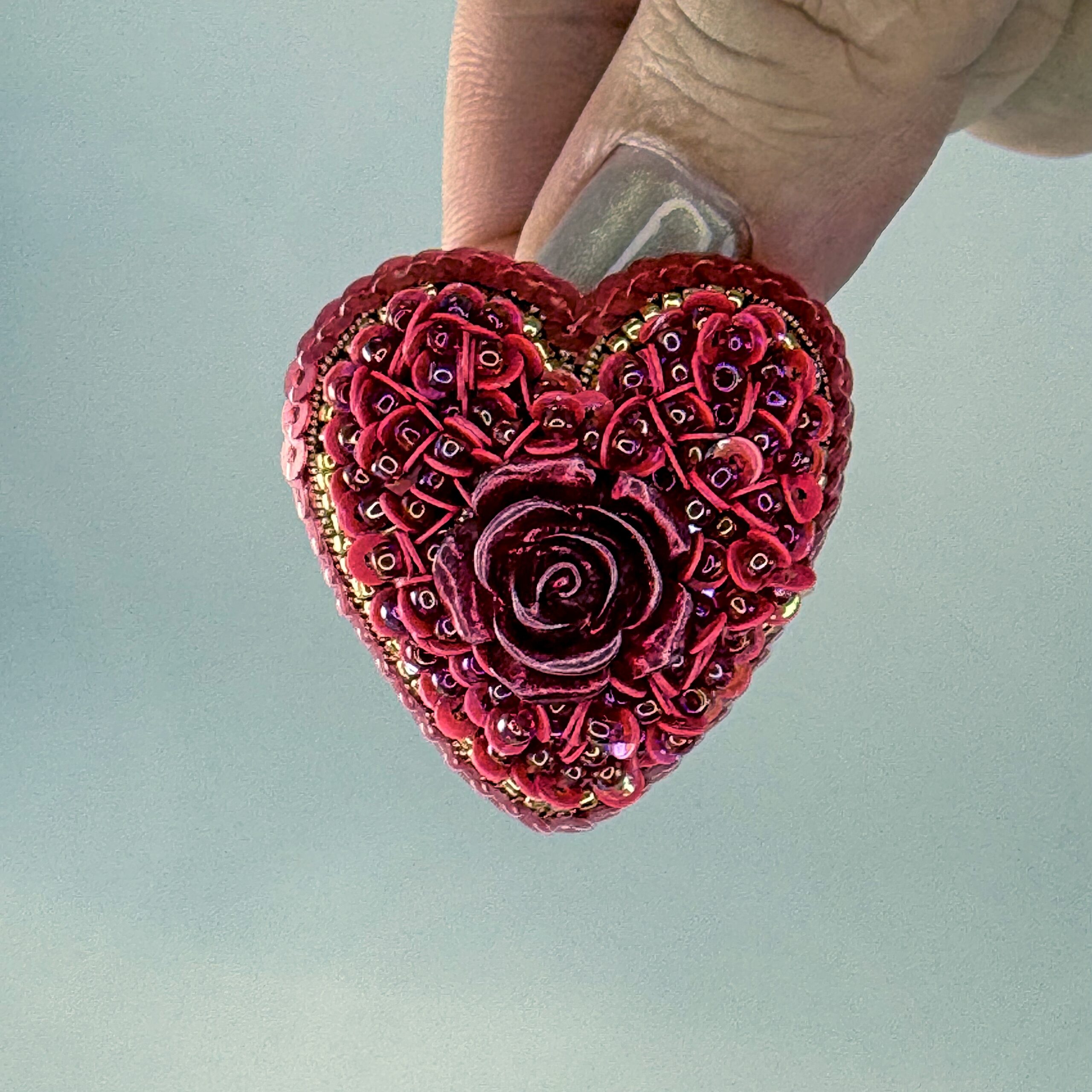Red Heart Brooch All Sequins with Red Rose, Small Monochrome Heart Pin, Handmade Valentine Jewelry, Love Gift Her — view 8