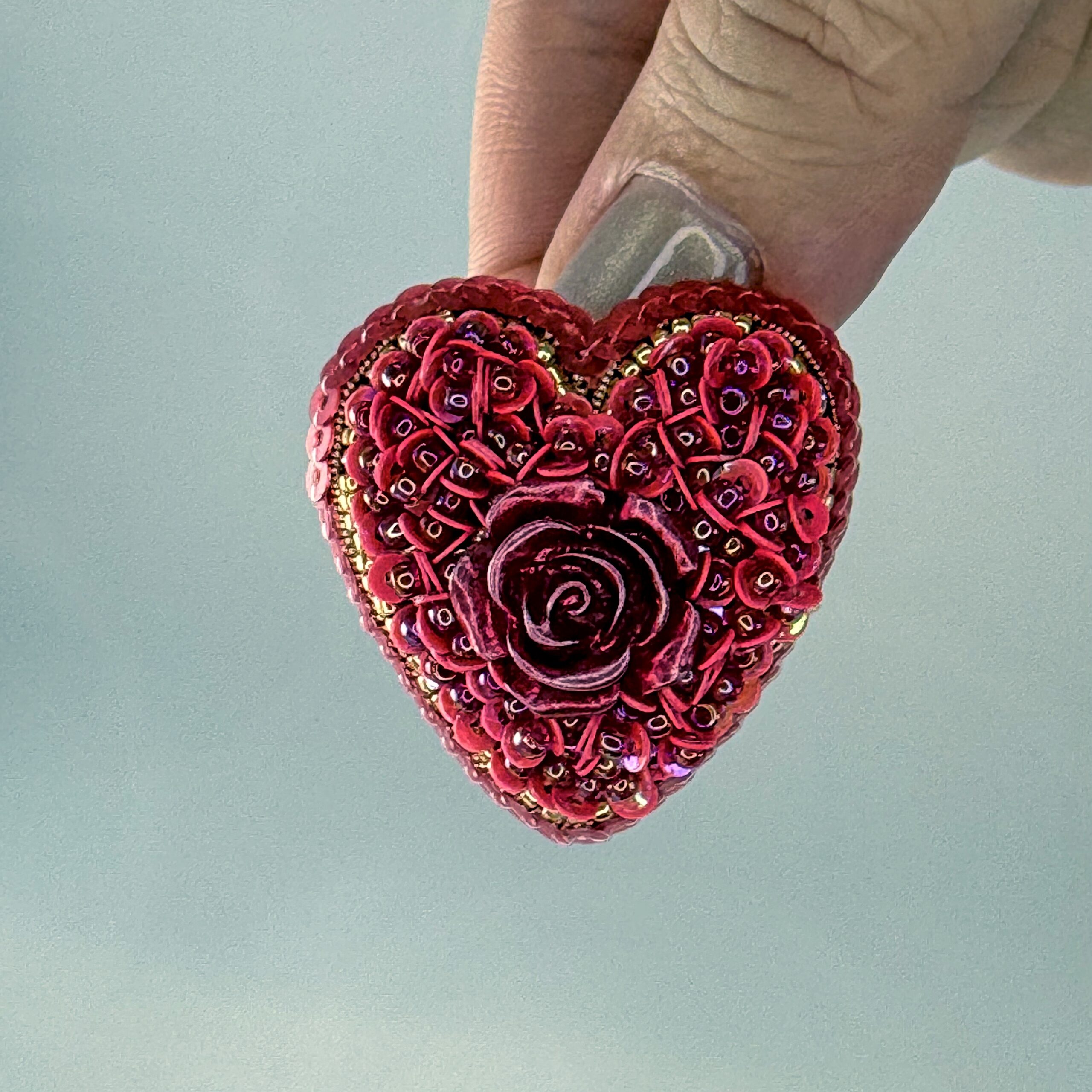 Red Heart Brooch All Sequins with Red Rose, Small Monochrome Heart Pin, Handmade Valentine Jewelry, Love Gift Her — view 9