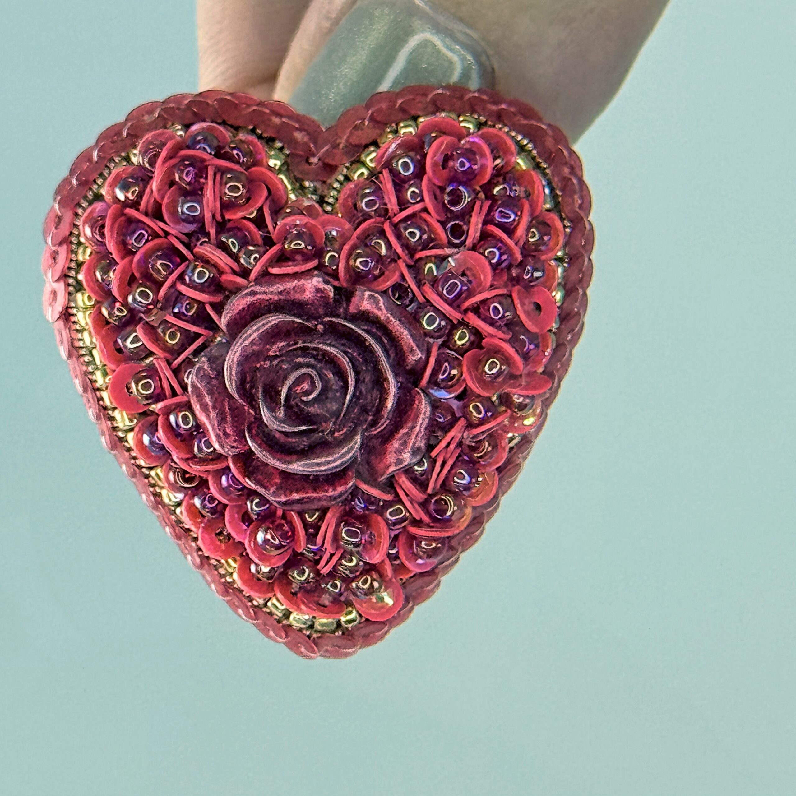 Red Heart Brooch All Sequins with Red Rose, Small Monochrome Heart Pin, Handmade Valentine Jewelry, Love Gift Her — view 10