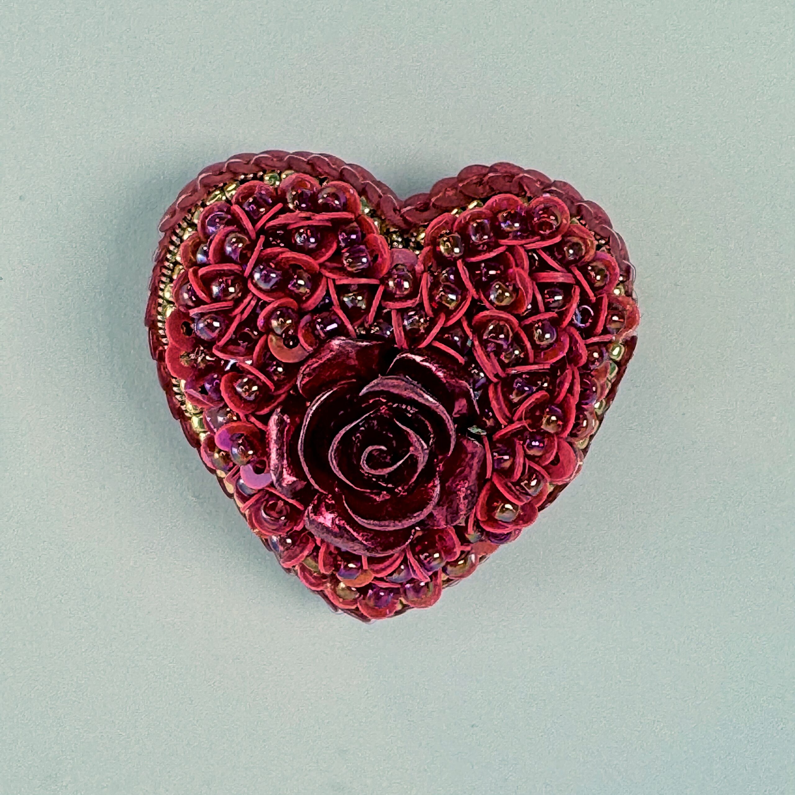Deep Red Velvet Heart Brooch, Dark Red Sequin Heart Pin with Rose, Handmade Romantic Valentine Jewelry, Love Gift — view 2