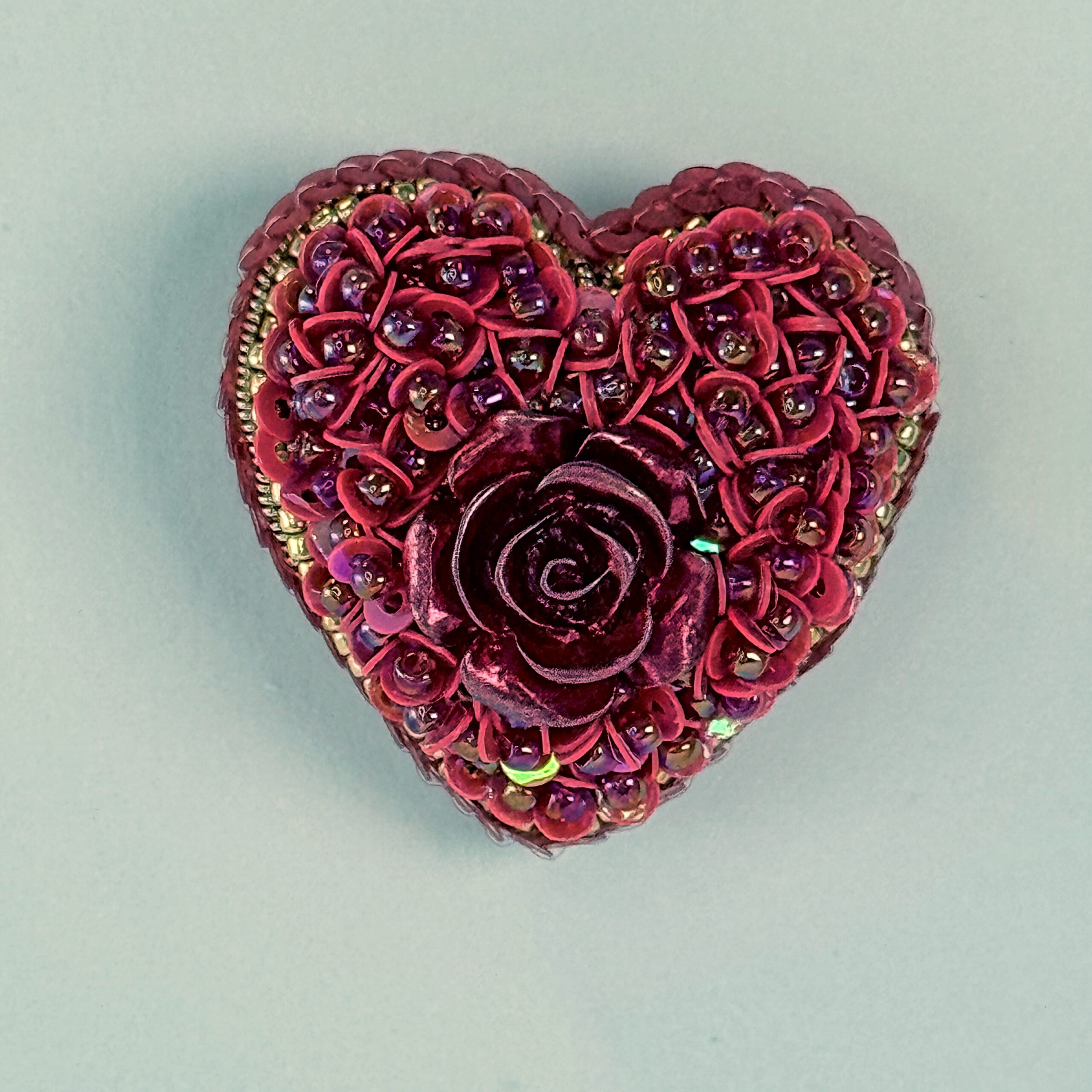 Deep Red Velvet Heart Brooch, Dark Red Sequin Heart Pin with Rose, Handmade Romantic Valentine Jewelry, Love Gift — view 3