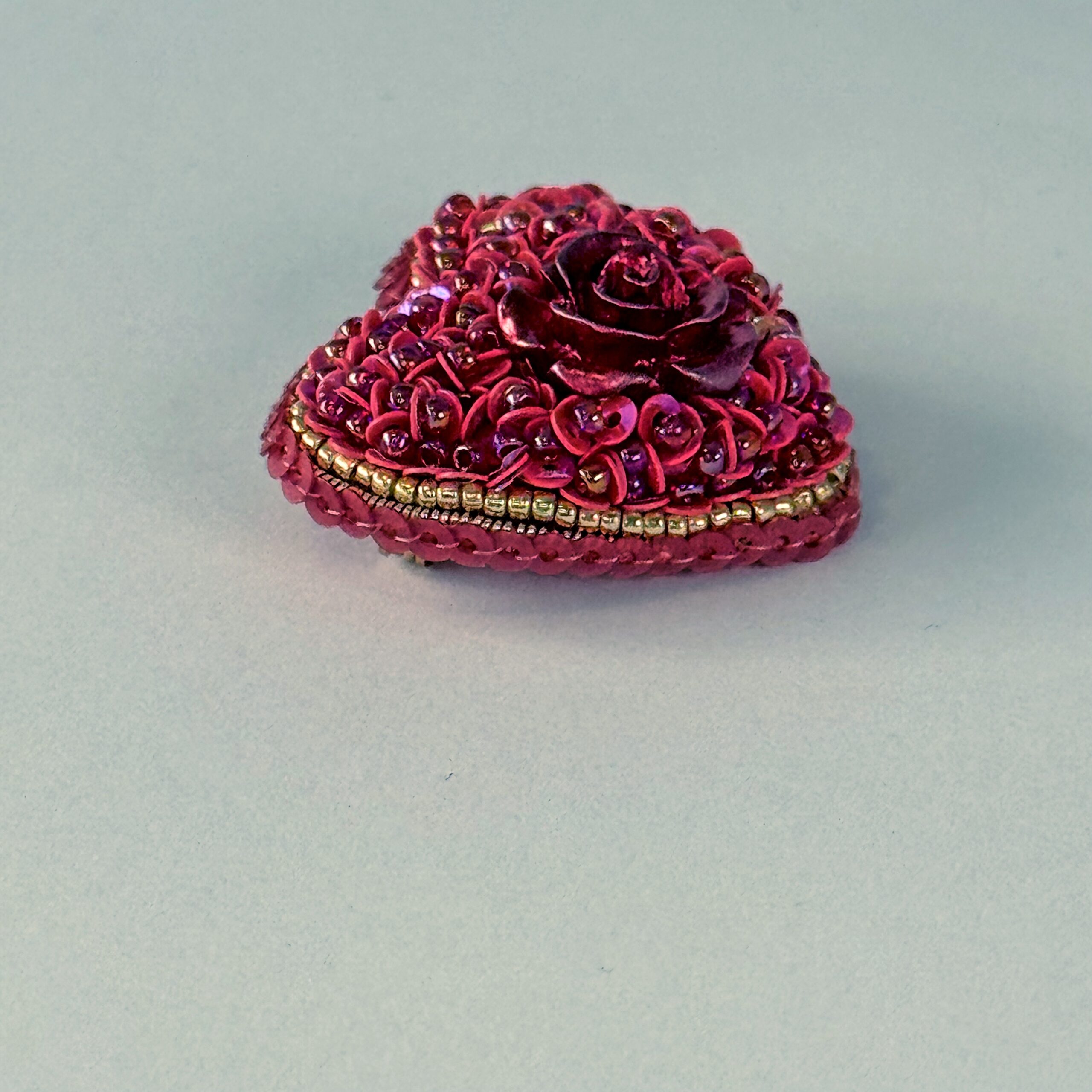 Deep Red Velvet Heart Brooch, Dark Red Sequin Heart Pin with Rose, Handmade Romantic Valentine Jewelry, Love Gift — view 4