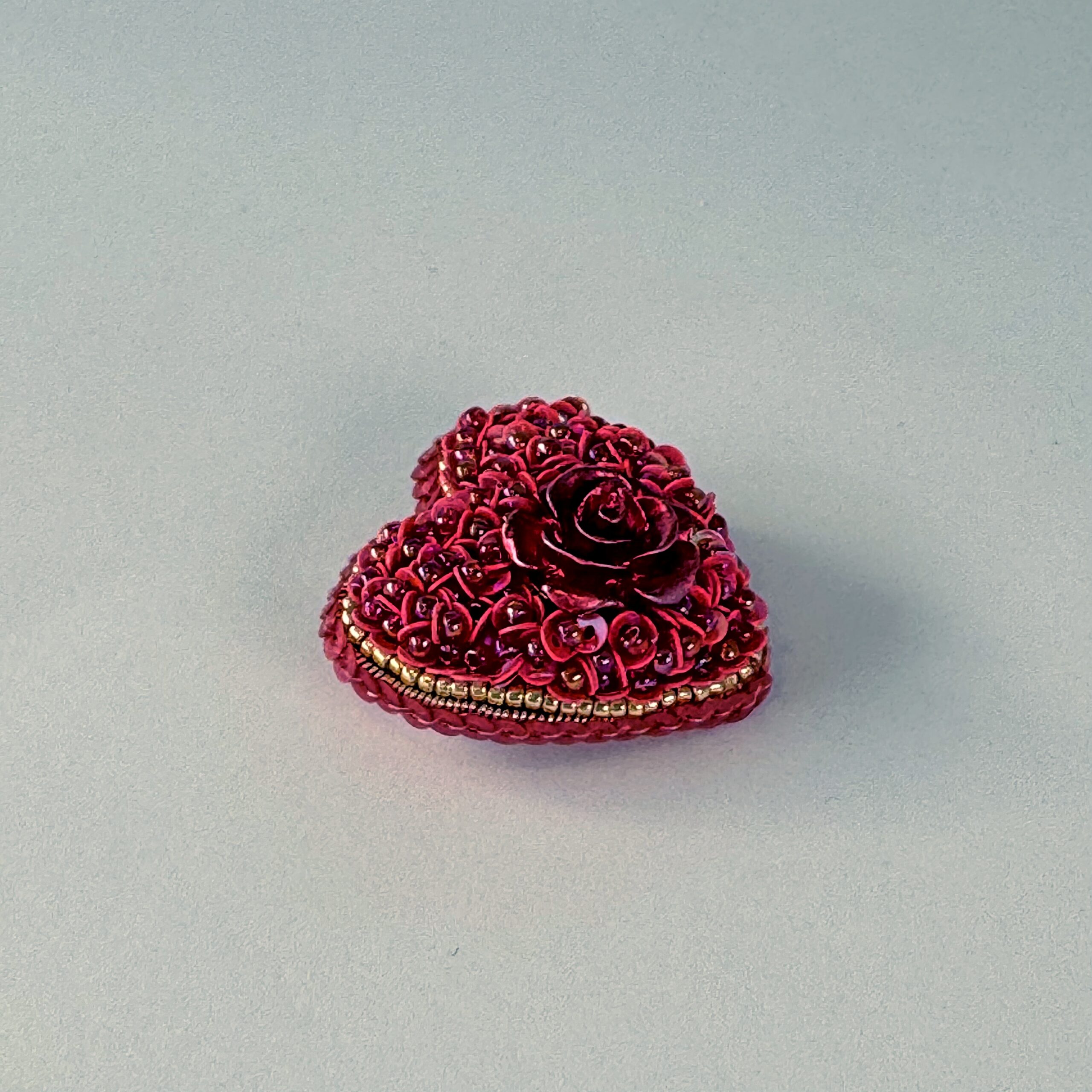 Deep Red Velvet Heart Brooch, Dark Red Sequin Heart Pin with Rose, Handmade Romantic Valentine Jewelry, Love Gift — view 5