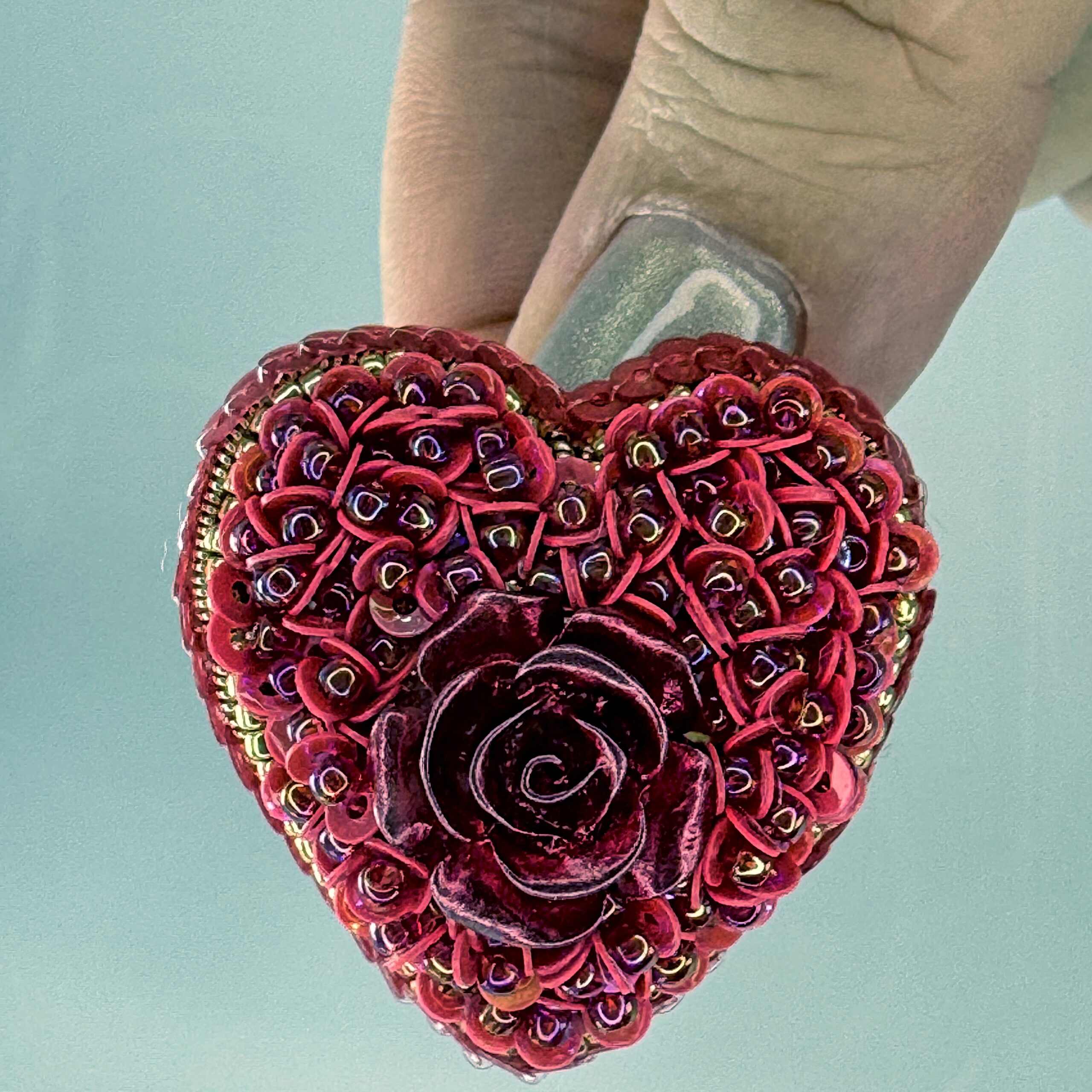 Deep Red Velvet Heart Brooch, Dark Red Sequin Heart Pin with Rose, Handmade Romantic Valentine Jewelry, Love Gift — view 7