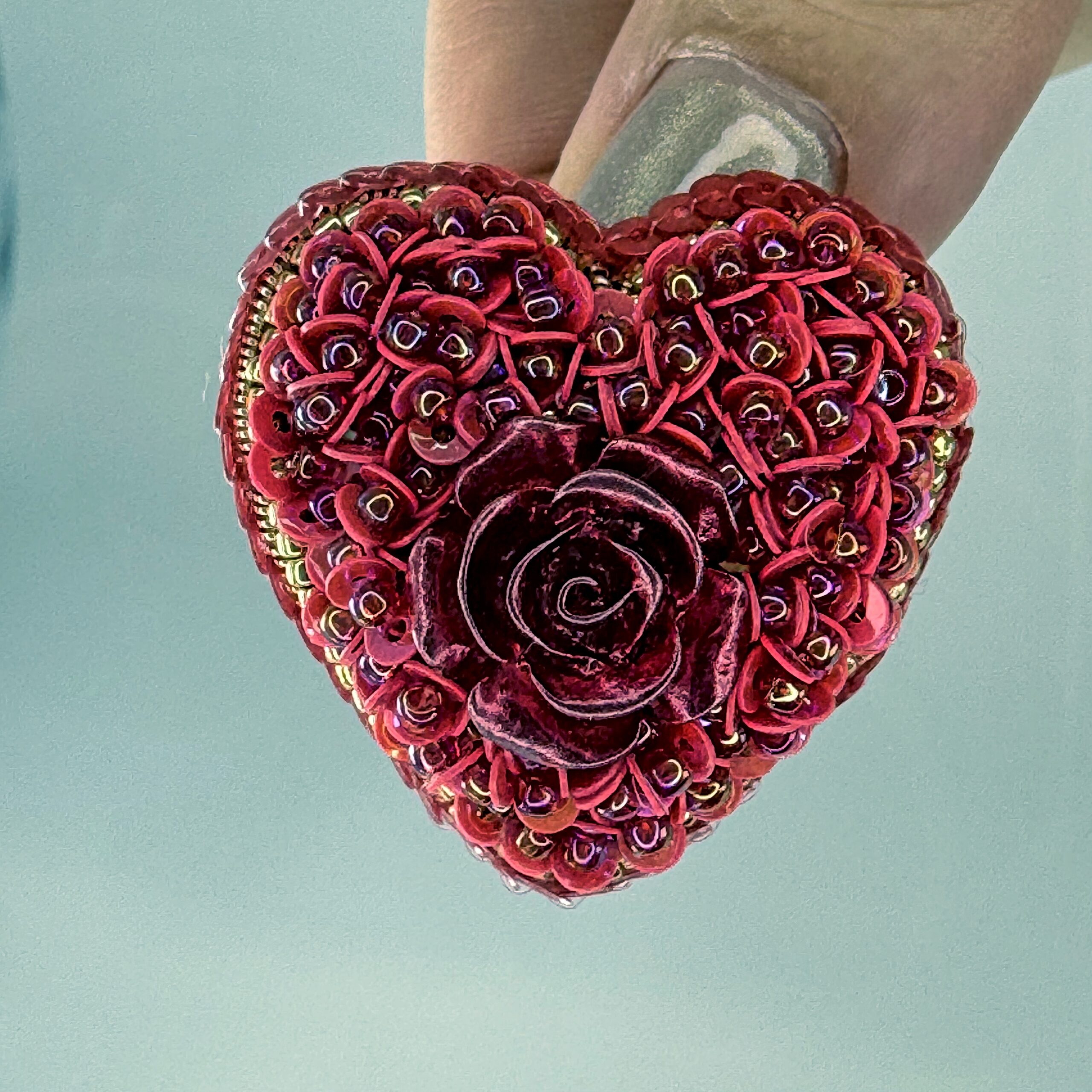 Deep Red Velvet Heart Brooch, Dark Red Sequin Heart Pin with Rose, Handmade Romantic Valentine Jewelry, Love Gift — view 8