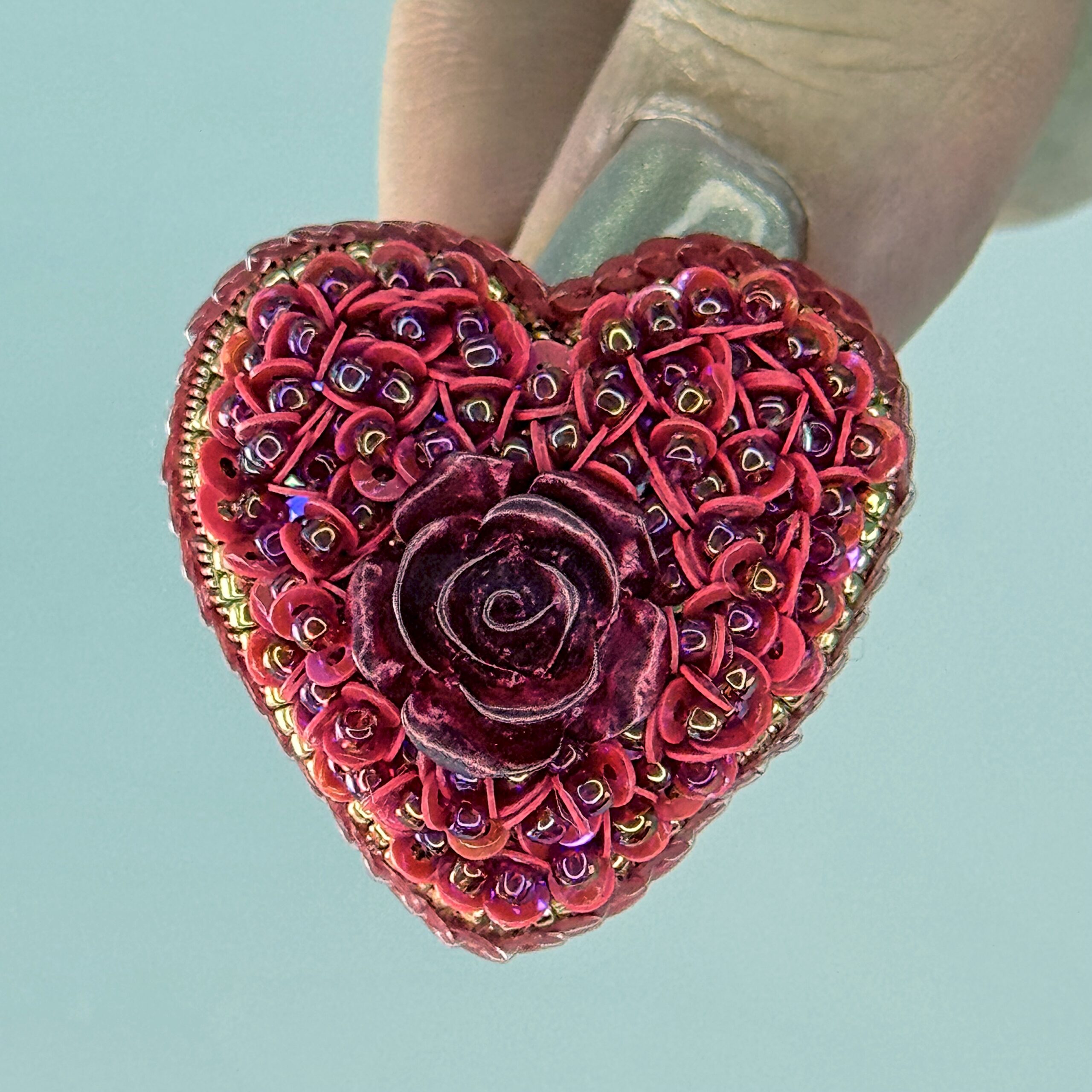 Deep Red Velvet Heart Brooch, Dark Red Sequin Heart Pin with Rose, Handmade Romantic Valentine Jewelry, Love Gift — view 9