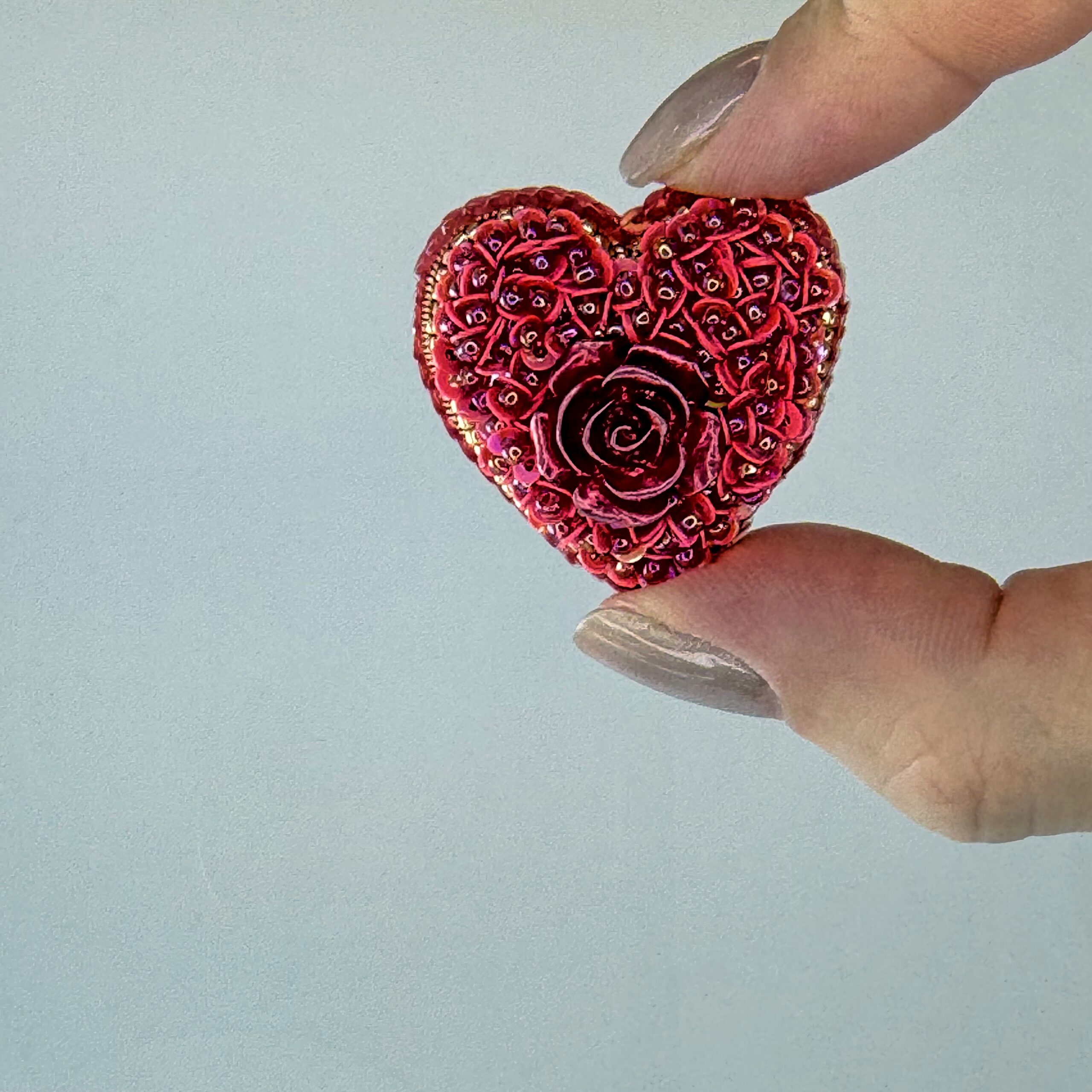 Deep Red Velvet Heart Brooch, Dark Red Sequin Heart Pin with Rose, Handmade Romantic Valentine Jewelry, Love Gift — view 10