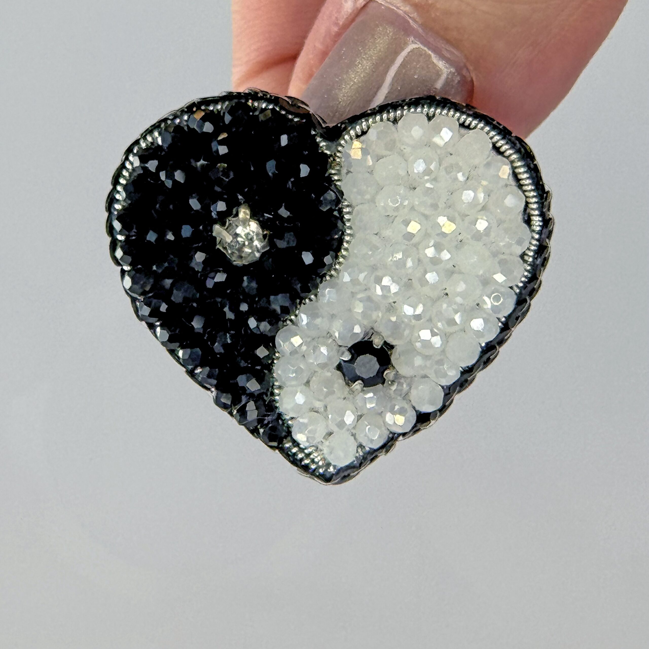 Yin Yang Heart Brooch Small, Black White Balance Pin, Crystal Bead Harmony Heart, Handmade Zen Jewelry Gift — view 6