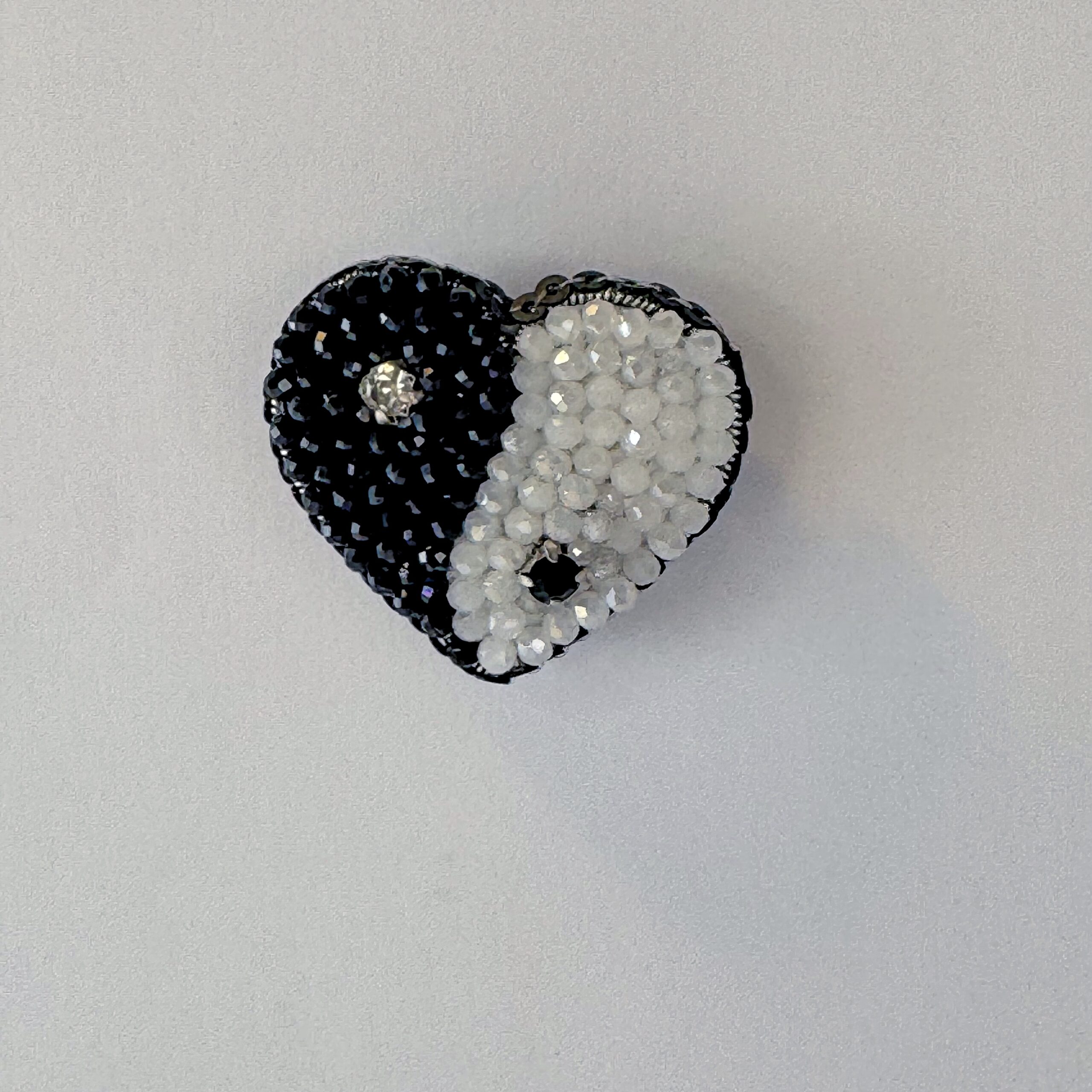 Yin Yang Heart Brooch Black White Small, Balance Heart Pin Crystal Bead, Handmade Zen Harmony Jewelry, Spiritual Gift — view 2
