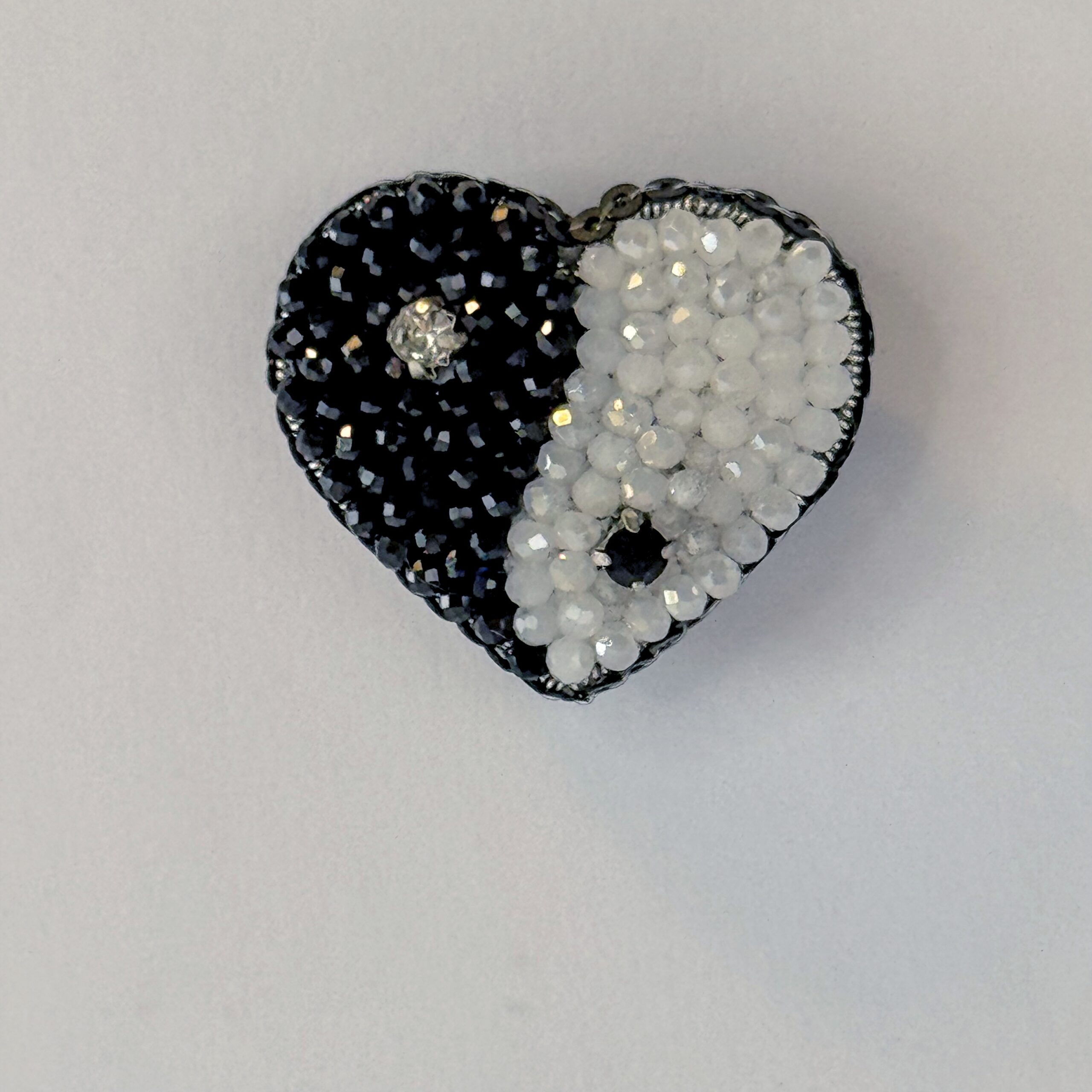 Yin Yang Heart Brooch Black White Small, Balance Heart Pin Crystal Bead, Handmade Zen Harmony Jewelry, Spiritual Gift — view 3