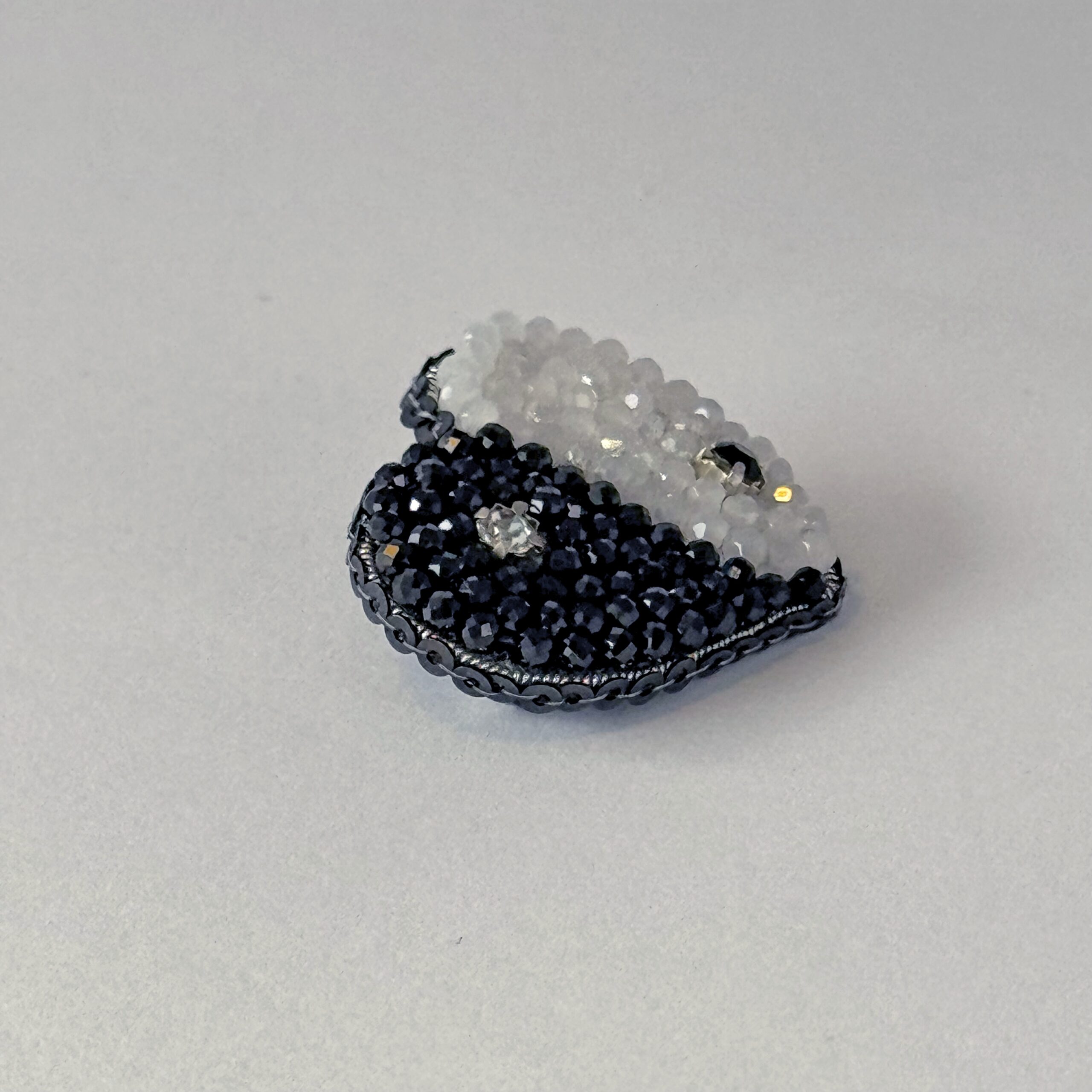 Yin Yang Heart Brooch Black White Small, Balance Heart Pin Crystal Bead, Handmade Zen Harmony Jewelry, Spiritual Gift — view 4