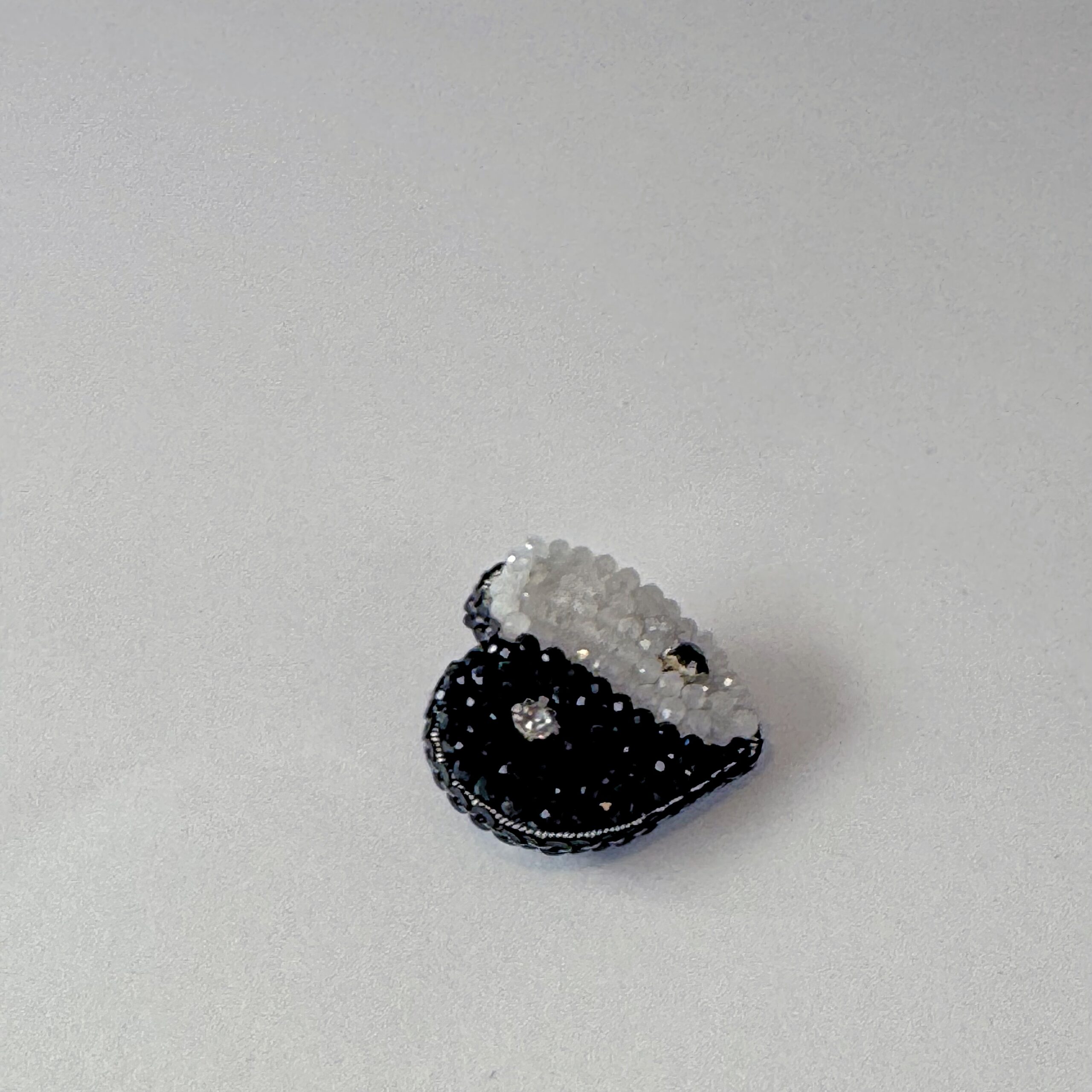 Yin Yang Heart Brooch Black White Small, Balance Heart Pin Crystal Bead, Handmade Zen Harmony Jewelry, Spiritual Gift — view 5
