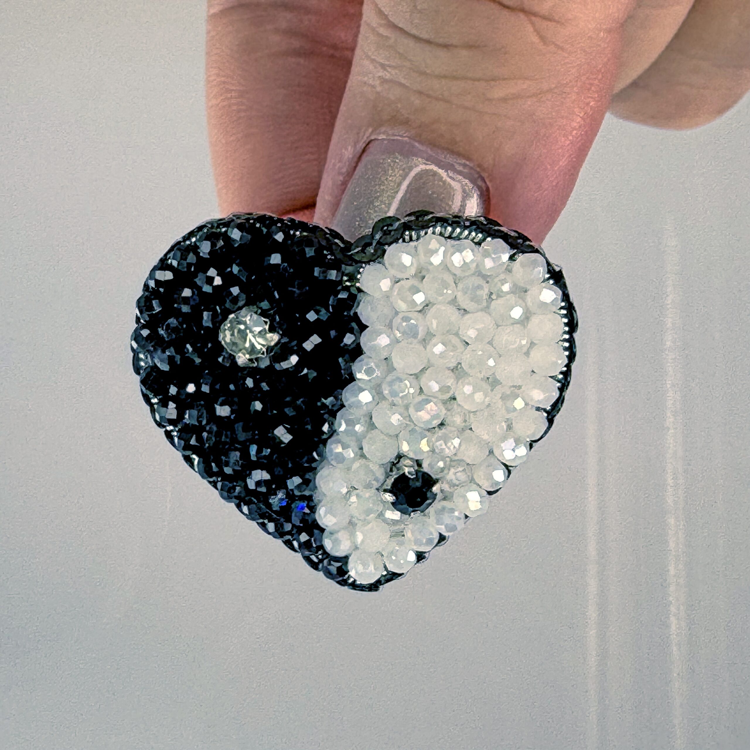 Yin Yang Heart Brooch Black White Small, Balance Heart Pin Crystal Bead, Handmade Zen Harmony Jewelry, Spiritual Gift — view 7