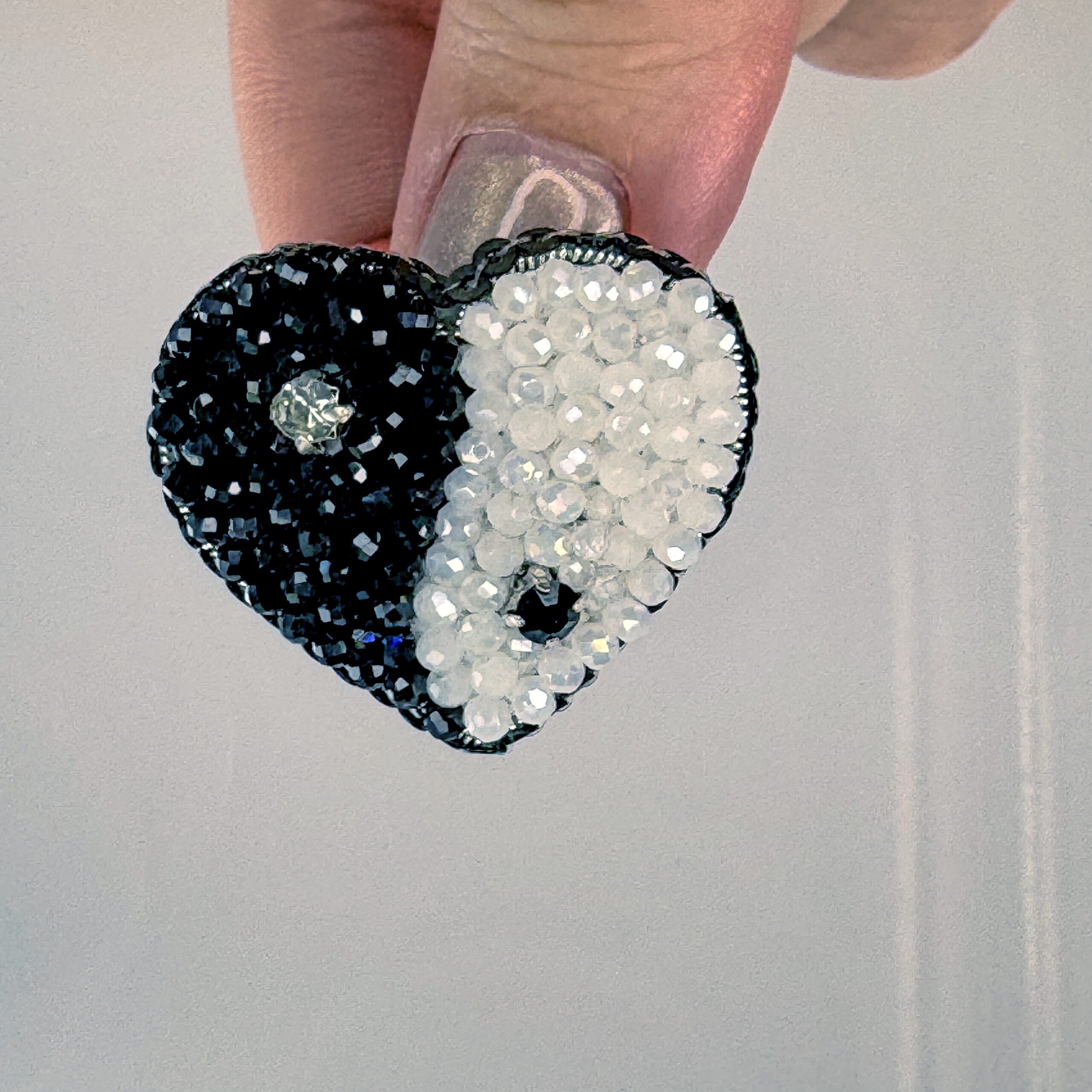 Yin Yang Heart Brooch Black White Small, Balance Heart Pin Crystal Bead, Handmade Zen Harmony Jewelry, Spiritual Gift — view 8