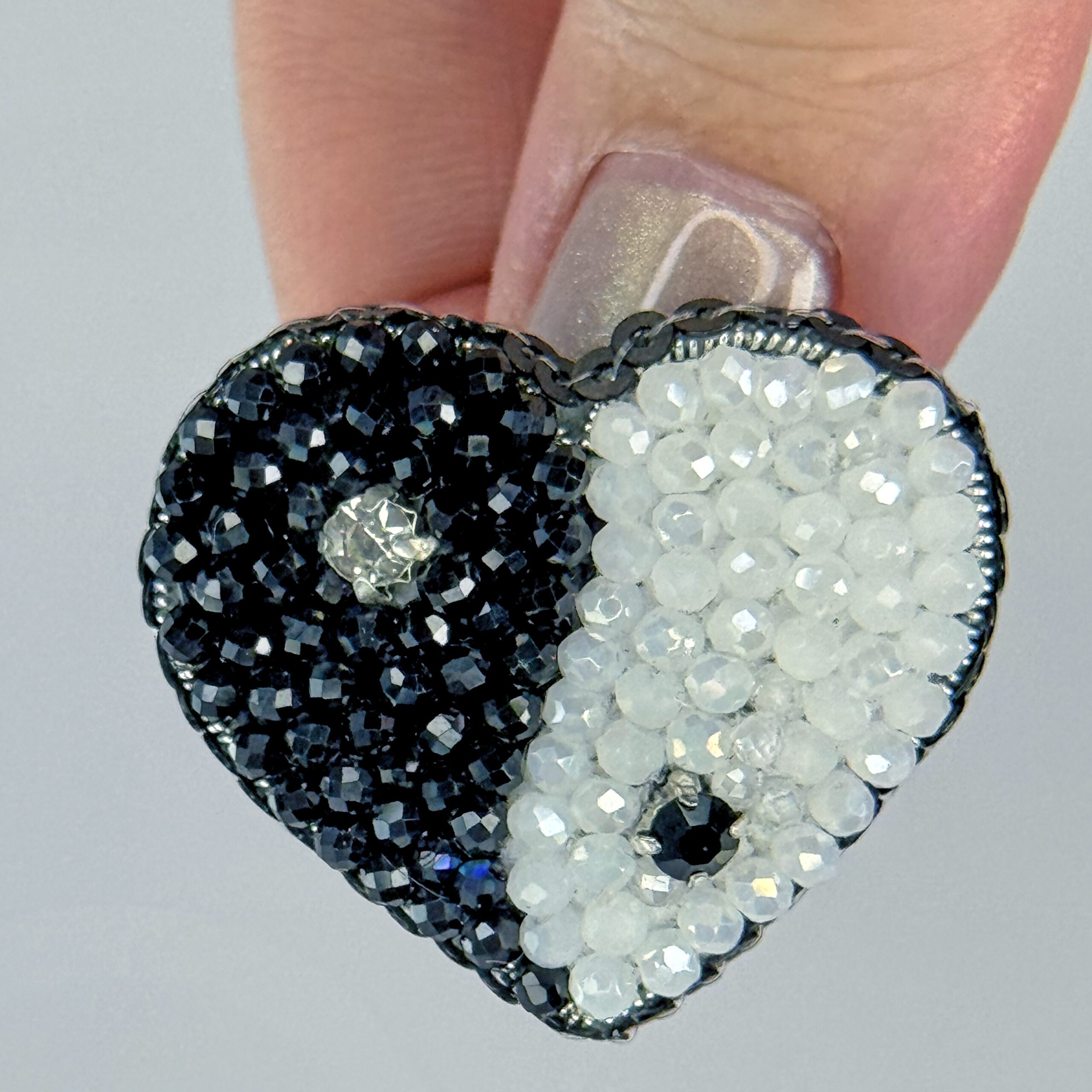 Yin Yang Heart Brooch Black White Small, Balance Heart Pin Crystal Bead, Handmade Zen Harmony Jewelry, Spiritual Gift — view 9