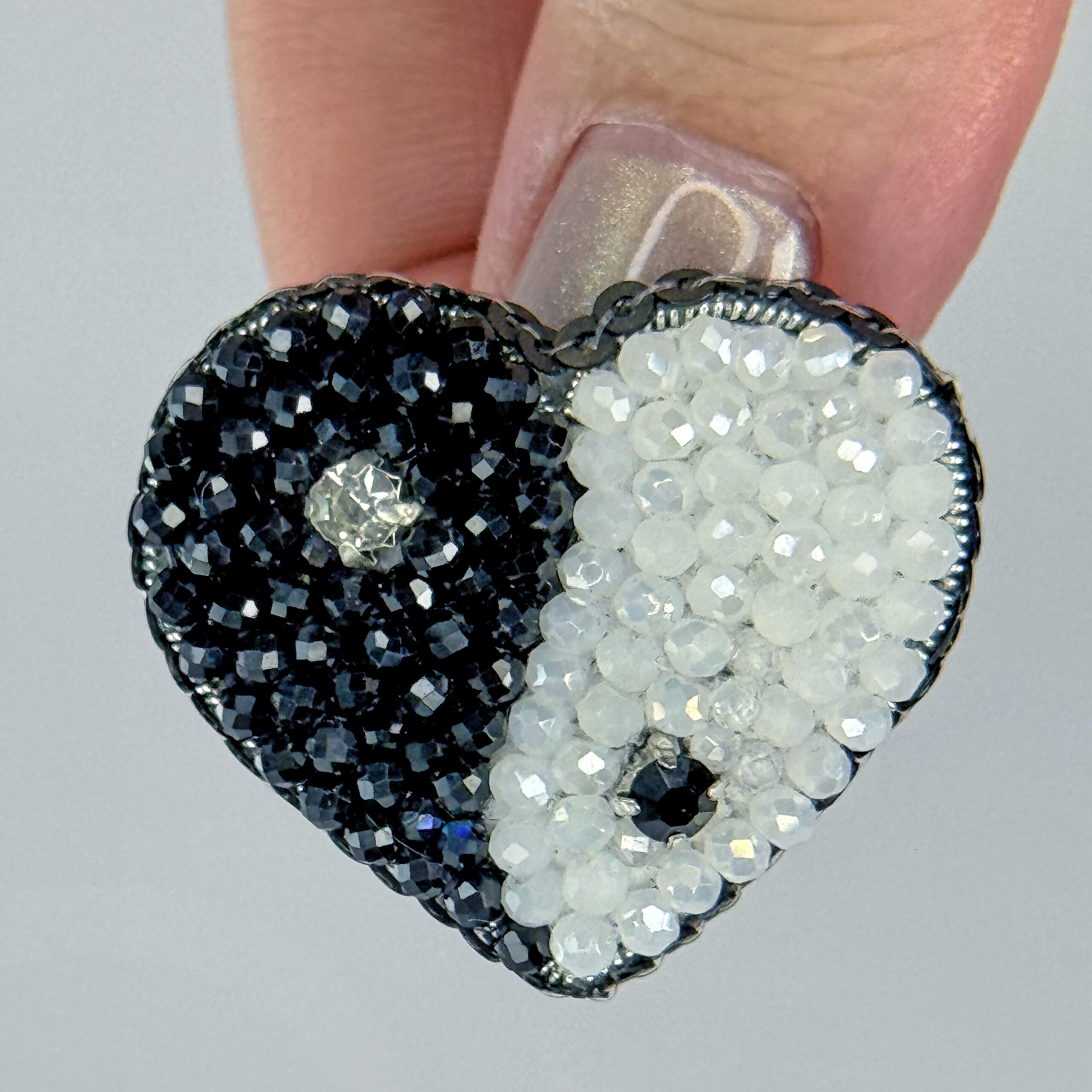 Yin Yang Heart Brooch Black White Small, Balance Heart Pin Crystal Bead, Handmade Zen Harmony Jewelry, Spiritual Gift — view 10