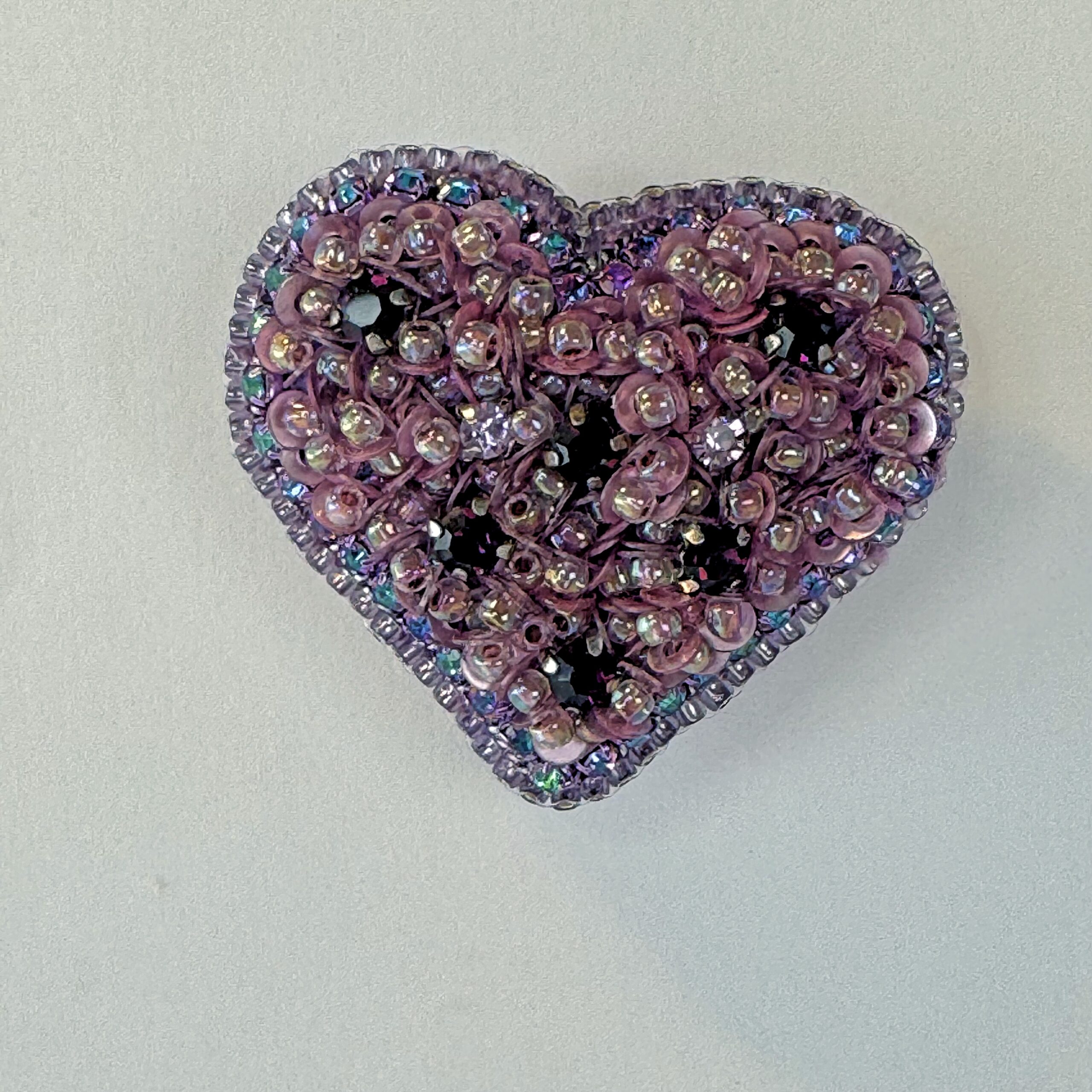 Purple Iridescent Heart Brooch, Mauve Sequin Beaded Heart Pin, Handmade Romantic Purple Jewelry, Valentine Love Gift — view 2