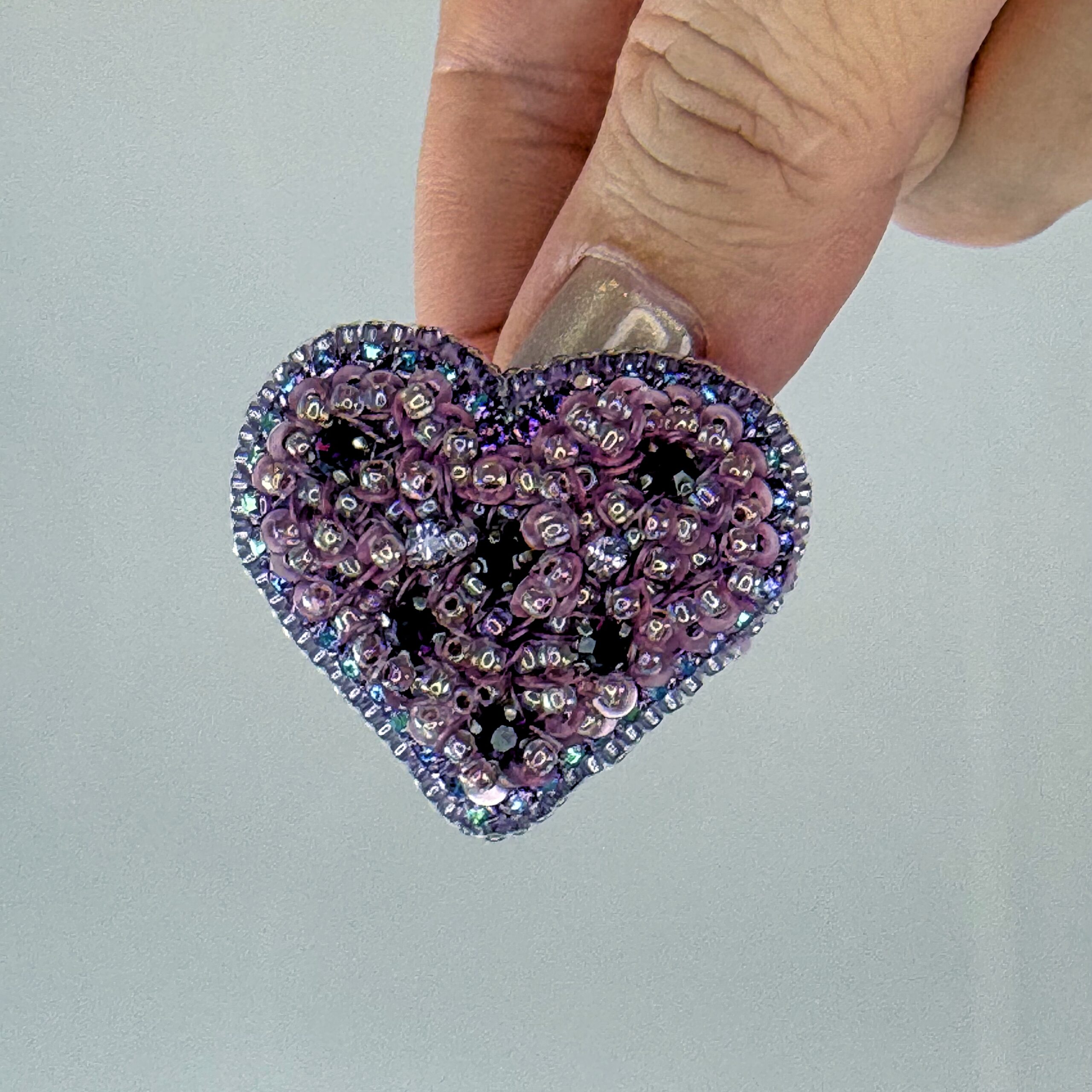 Purple Iridescent Heart Brooch, Mauve Sequin Beaded Heart Pin, Handmade Romantic Purple Jewelry, Valentine Love Gift — view 7