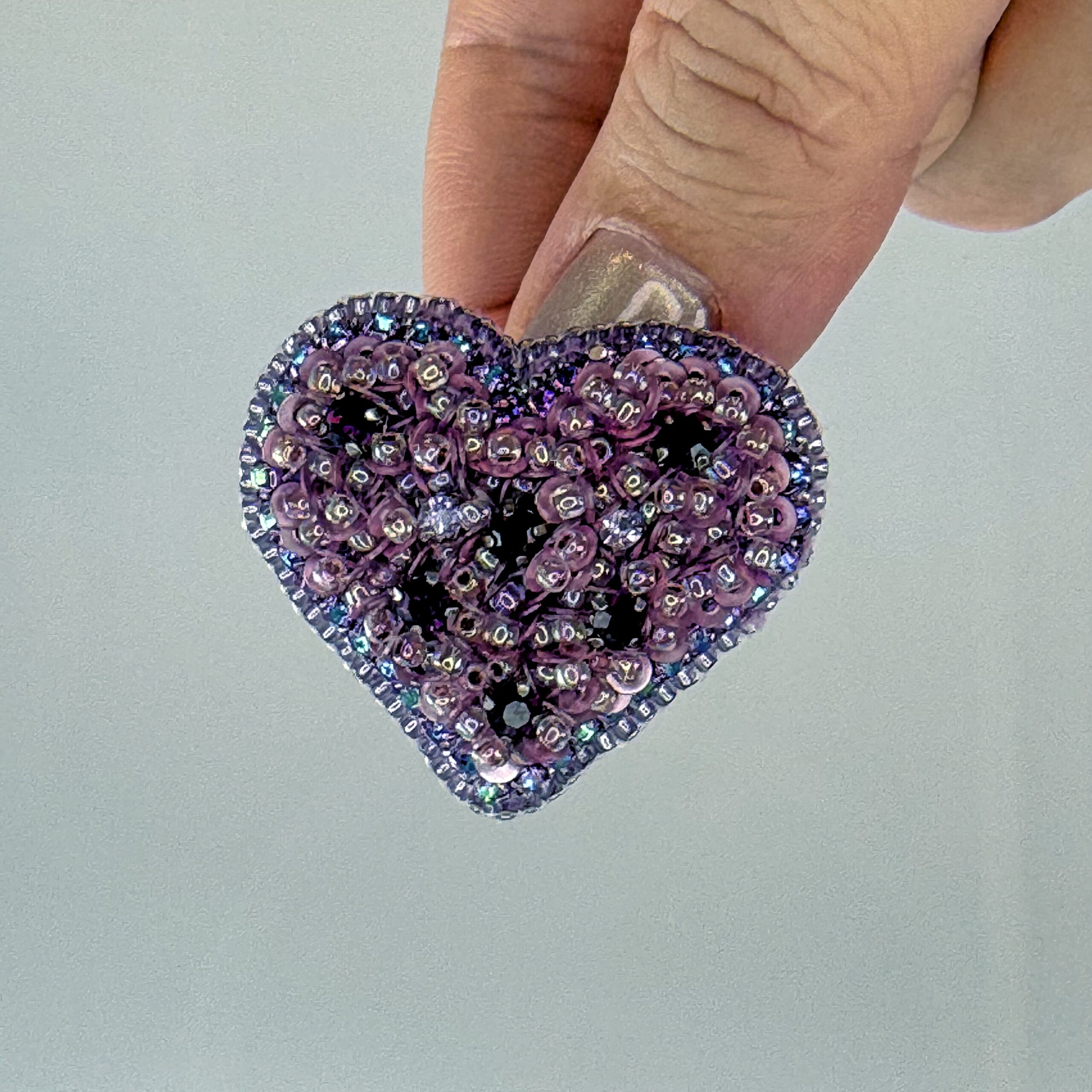 Purple Iridescent Heart Brooch, Mauve Sequin Beaded Heart Pin, Handmade Romantic Purple Jewelry, Valentine Love Gift — view 8