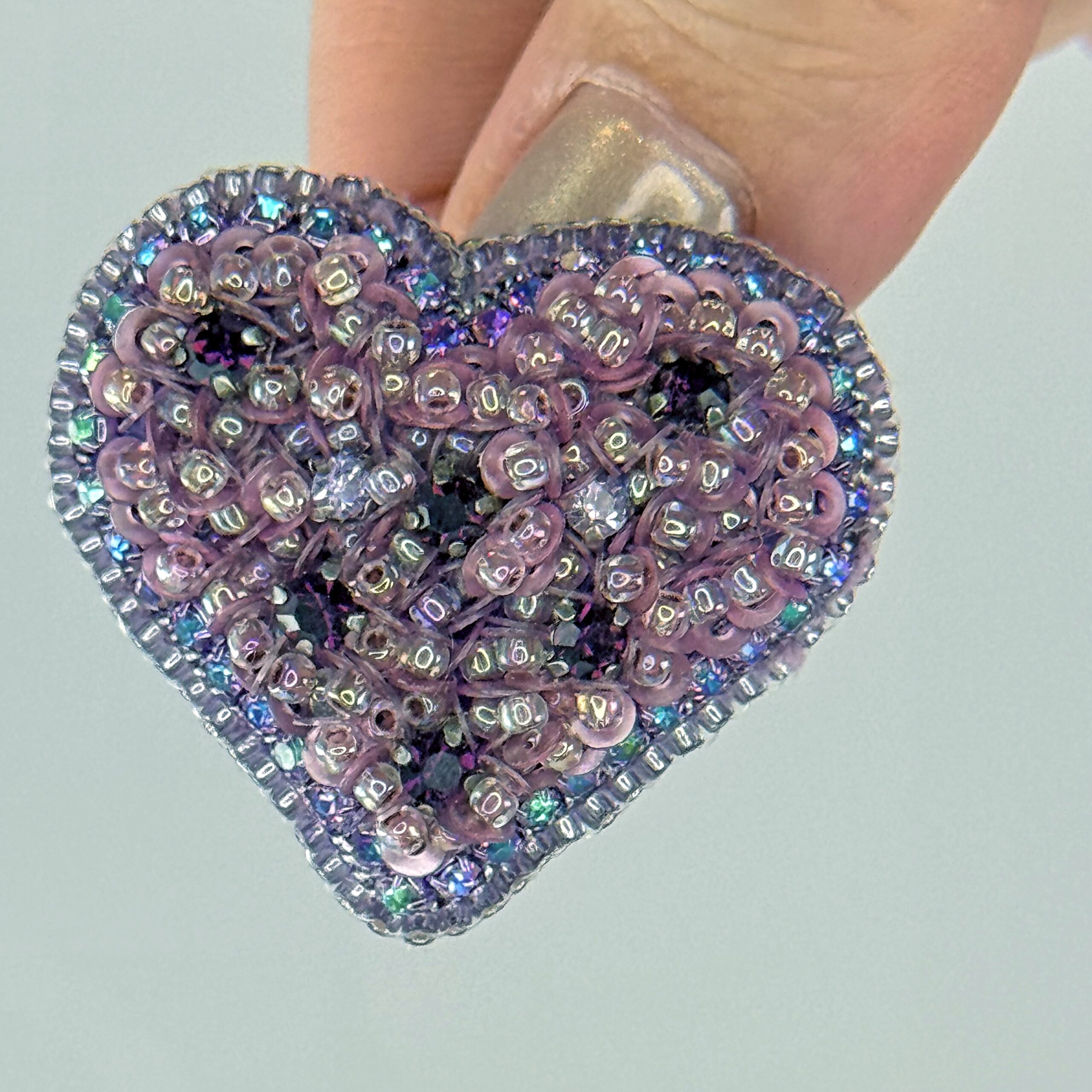 Purple Iridescent Heart Brooch, Mauve Sequin Beaded Heart Pin, Handmade Romantic Purple Jewelry, Valentine Love Gift — view 9