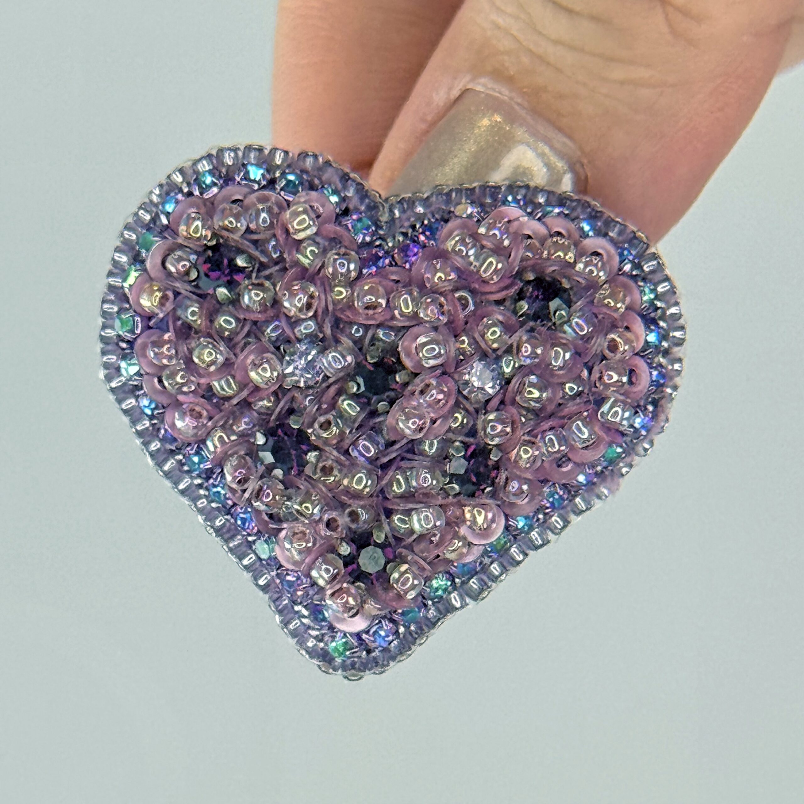 Purple Iridescent Heart Brooch, Mauve Sequin Beaded Heart Pin, Handmade Romantic Purple Jewelry, Valentine Love Gift — view 10