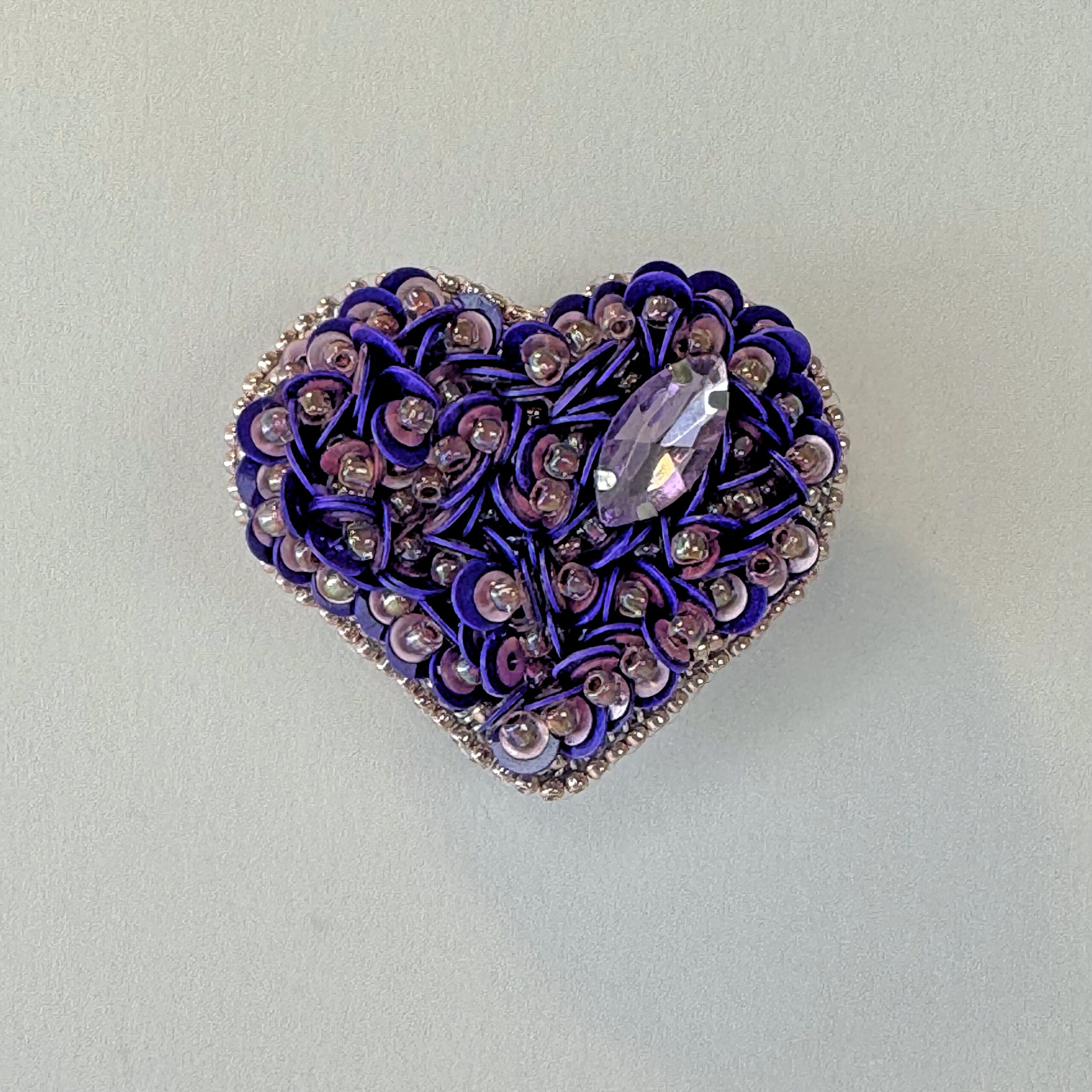Purple Heart Brooch with Sequins, Amethyst Mauve Beaded Heart Pin, Handmade Romantic Purple Jewelry, Valentine Gift — view 2