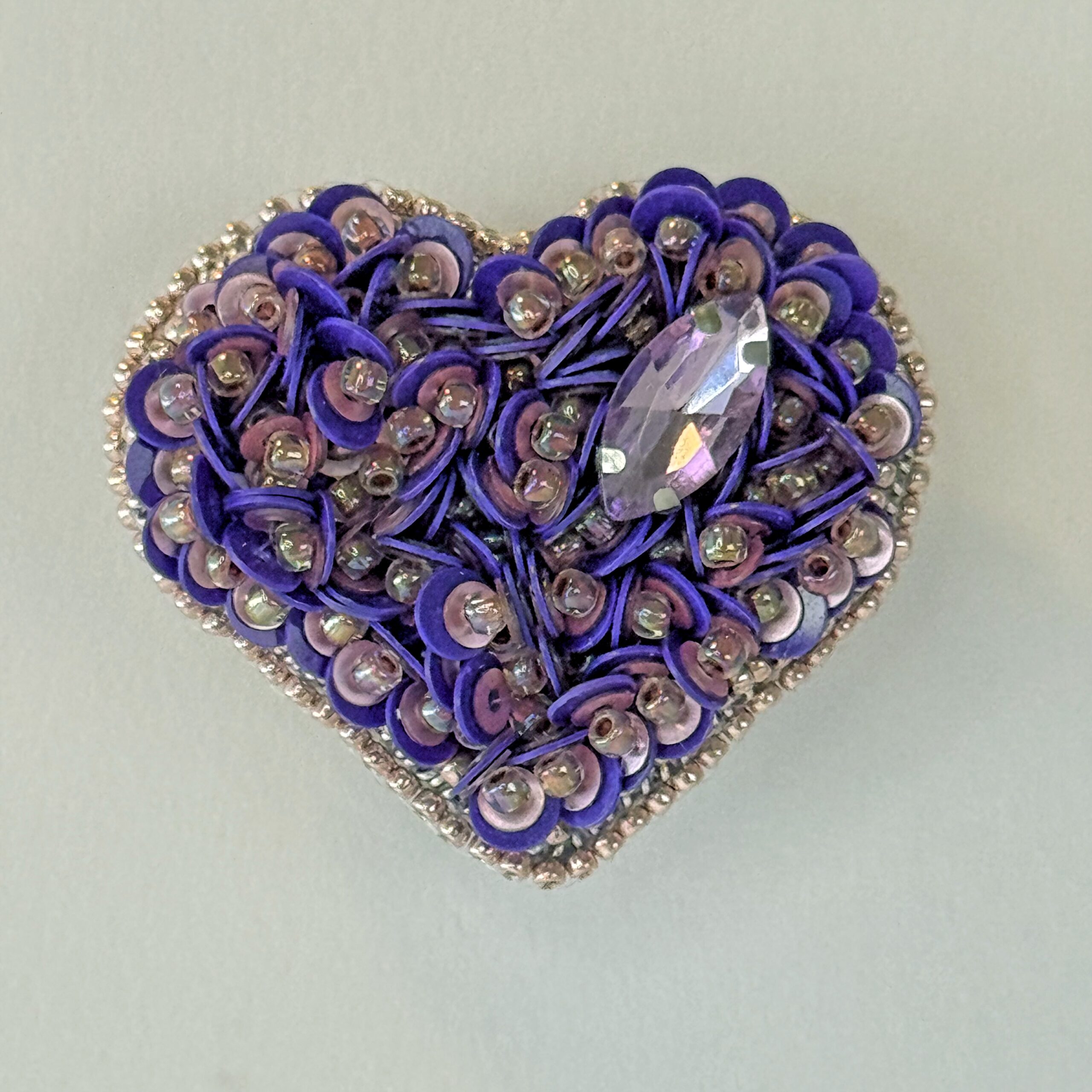 Purple Heart Brooch with Sequins, Amethyst Mauve Beaded Heart Pin, Handmade Romantic Purple Jewelry, Valentine Gift — view 3