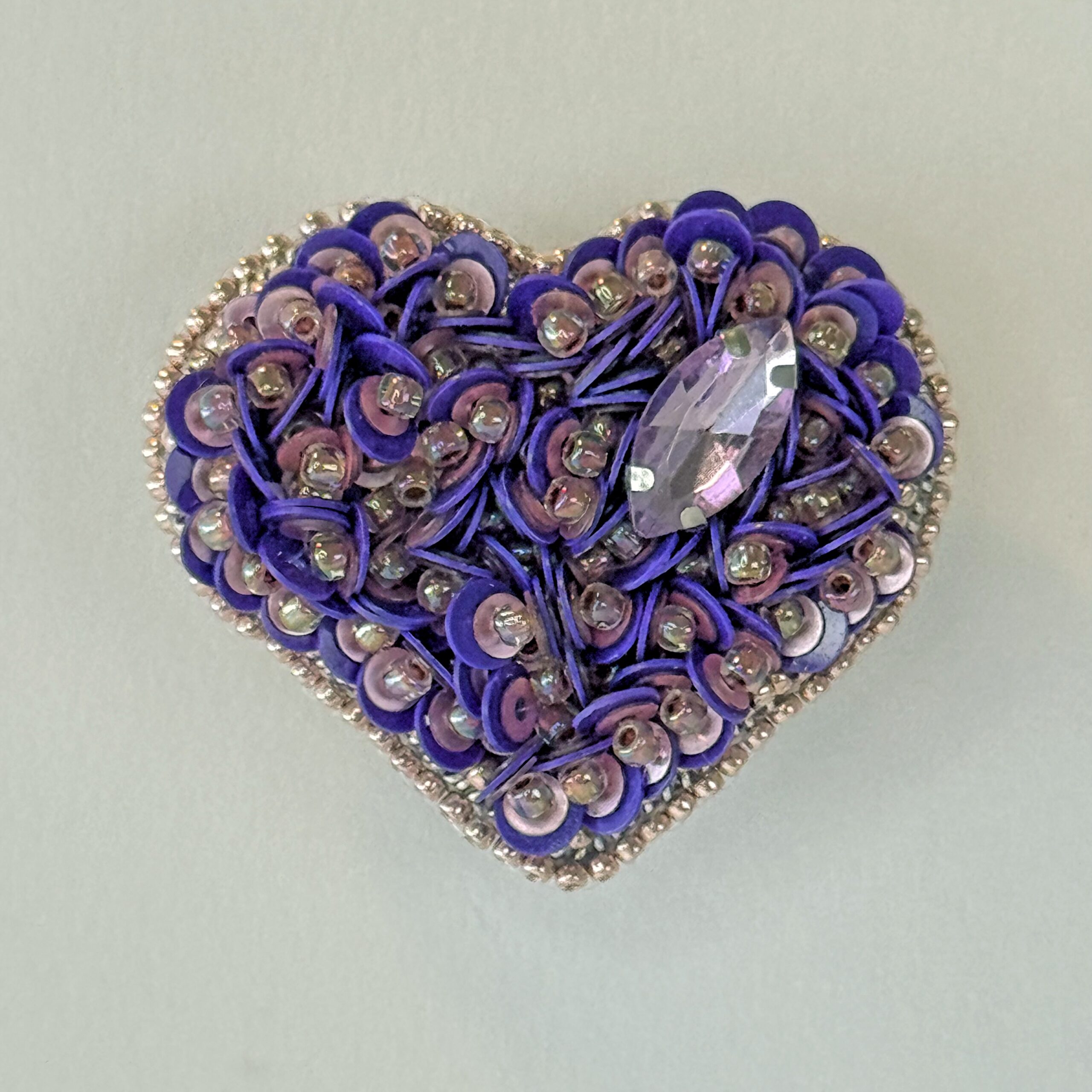 Purple Heart Brooch with Sequins, Amethyst Mauve Beaded Heart Pin, Handmade Romantic Purple Jewelry, Valentine Gift — view 4
