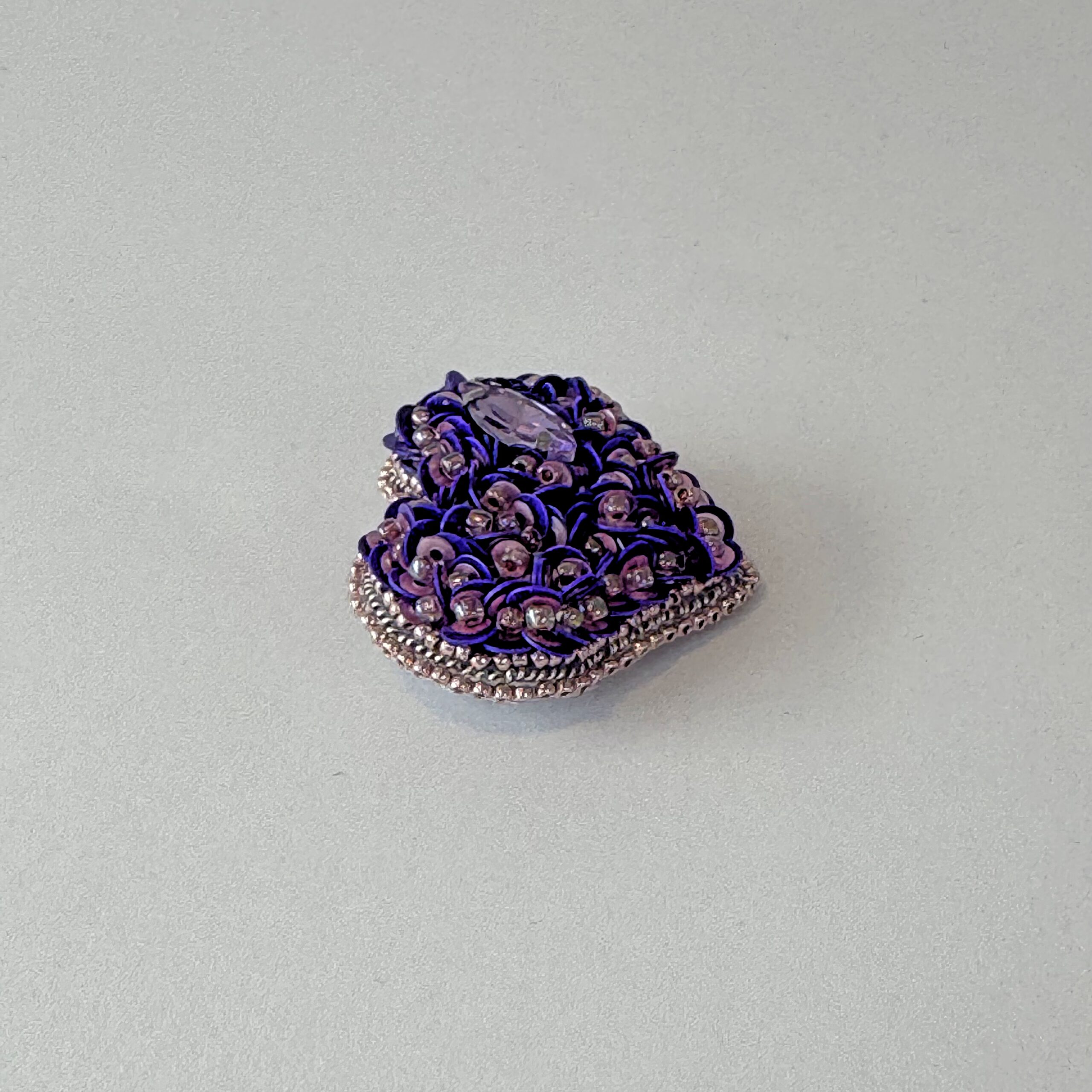 Purple Heart Brooch with Sequins, Amethyst Mauve Beaded Heart Pin, Handmade Romantic Purple Jewelry, Valentine Gift — view 5