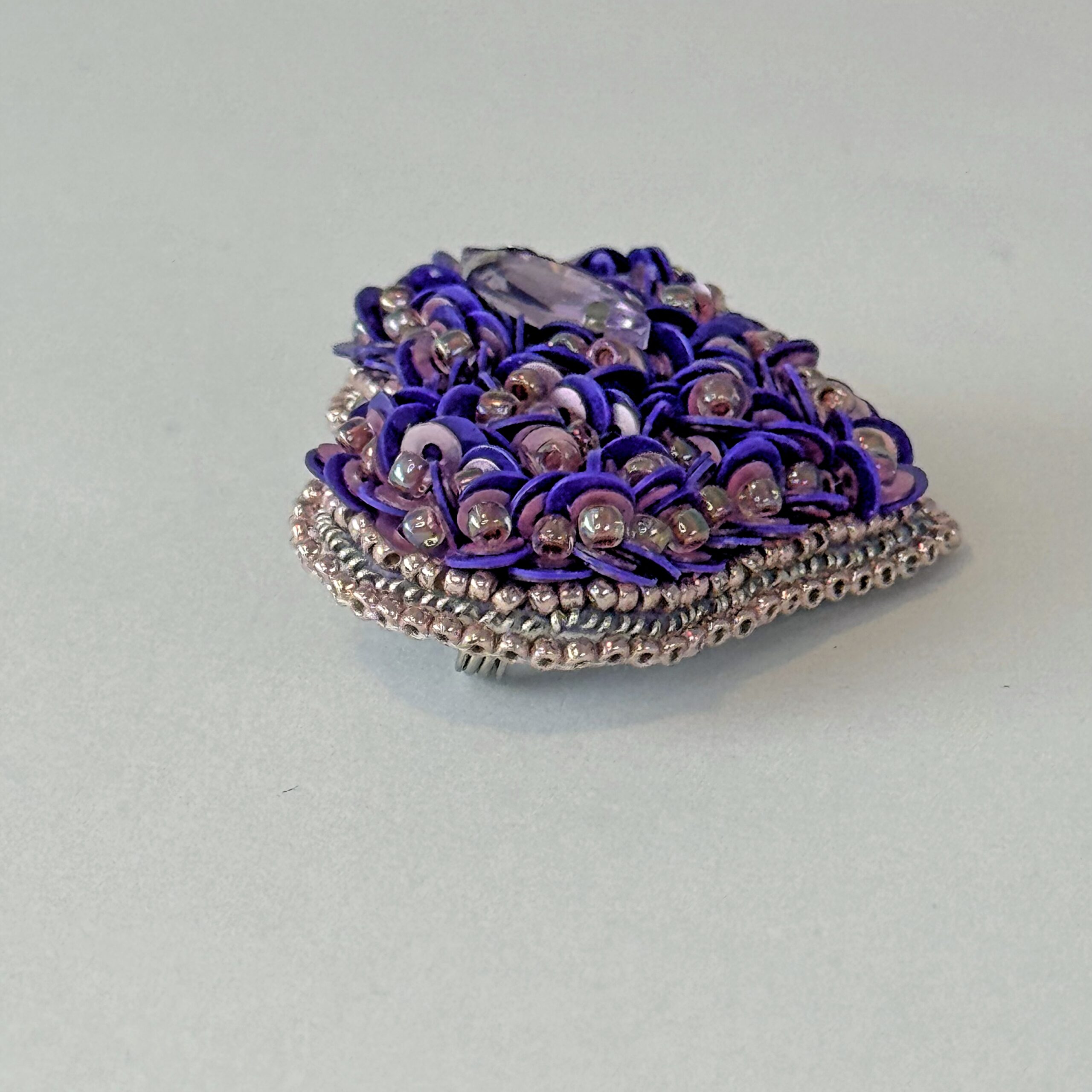 Purple Heart Brooch with Sequins, Amethyst Mauve Beaded Heart Pin, Handmade Romantic Purple Jewelry, Valentine Gift — view 6