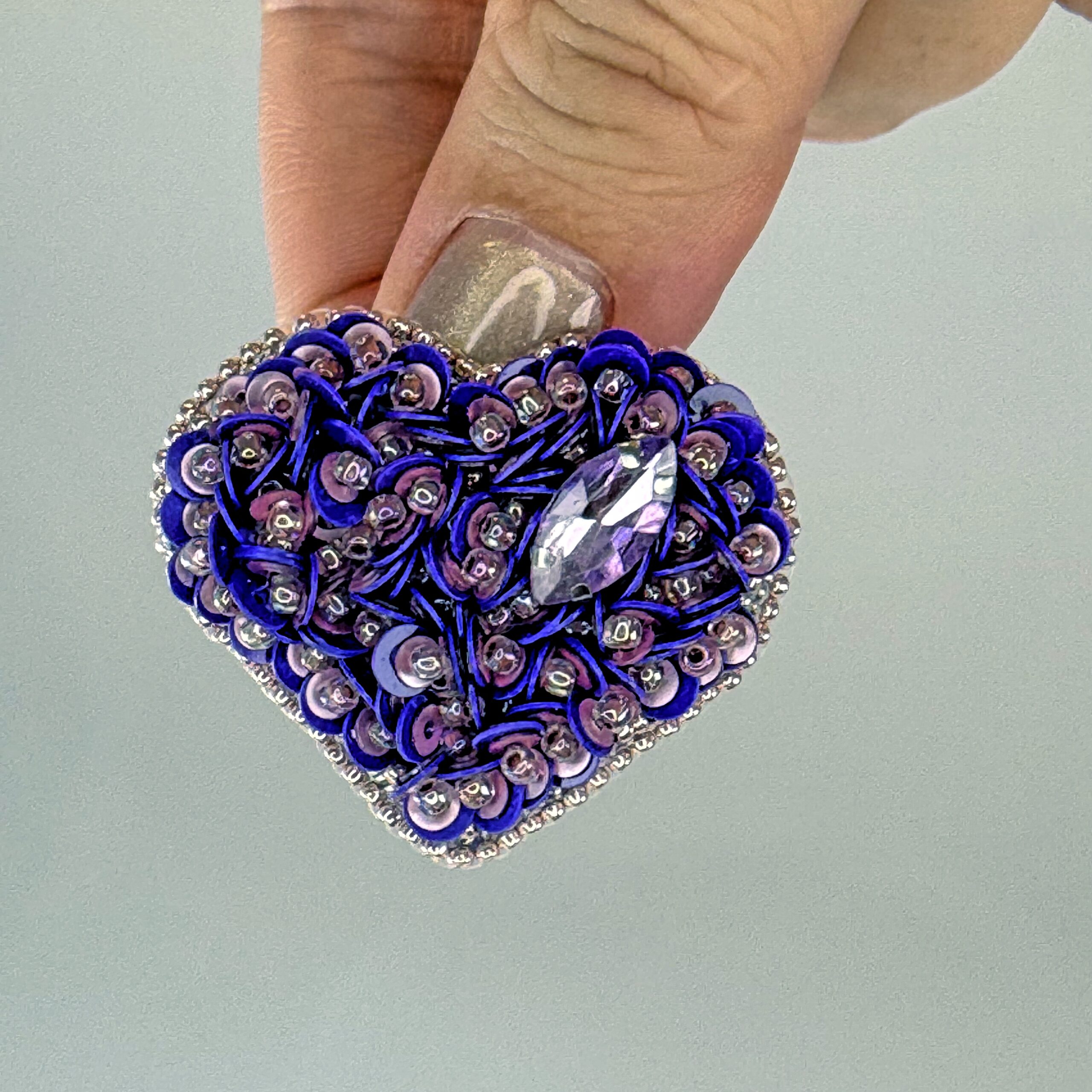 Purple Heart Brooch with Sequins, Amethyst Mauve Beaded Heart Pin, Handmade Romantic Purple Jewelry, Valentine Gift — view 8