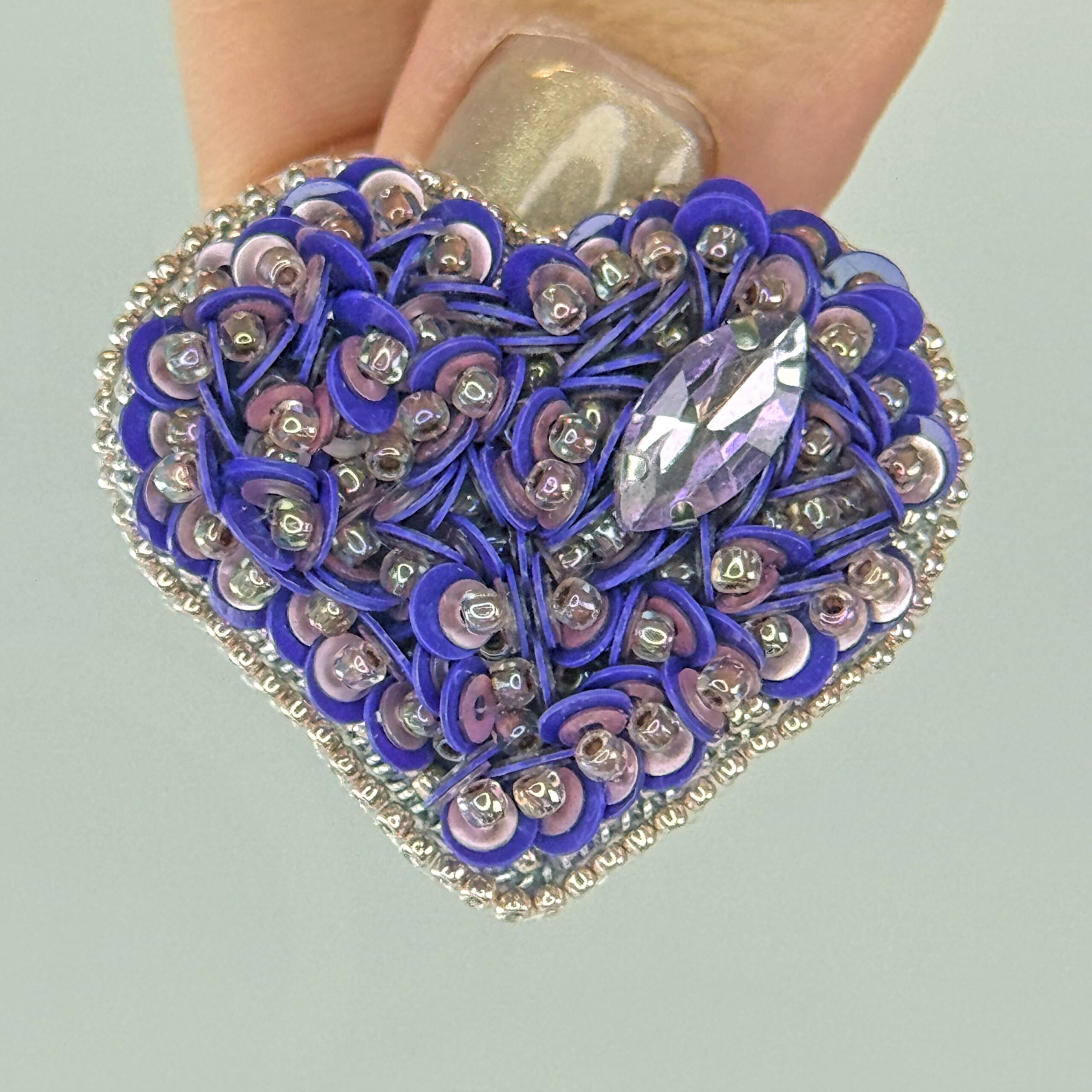 Purple Heart Brooch with Sequins, Amethyst Mauve Beaded Heart Pin, Handmade Romantic Purple Jewelry, Valentine Gift — view 10