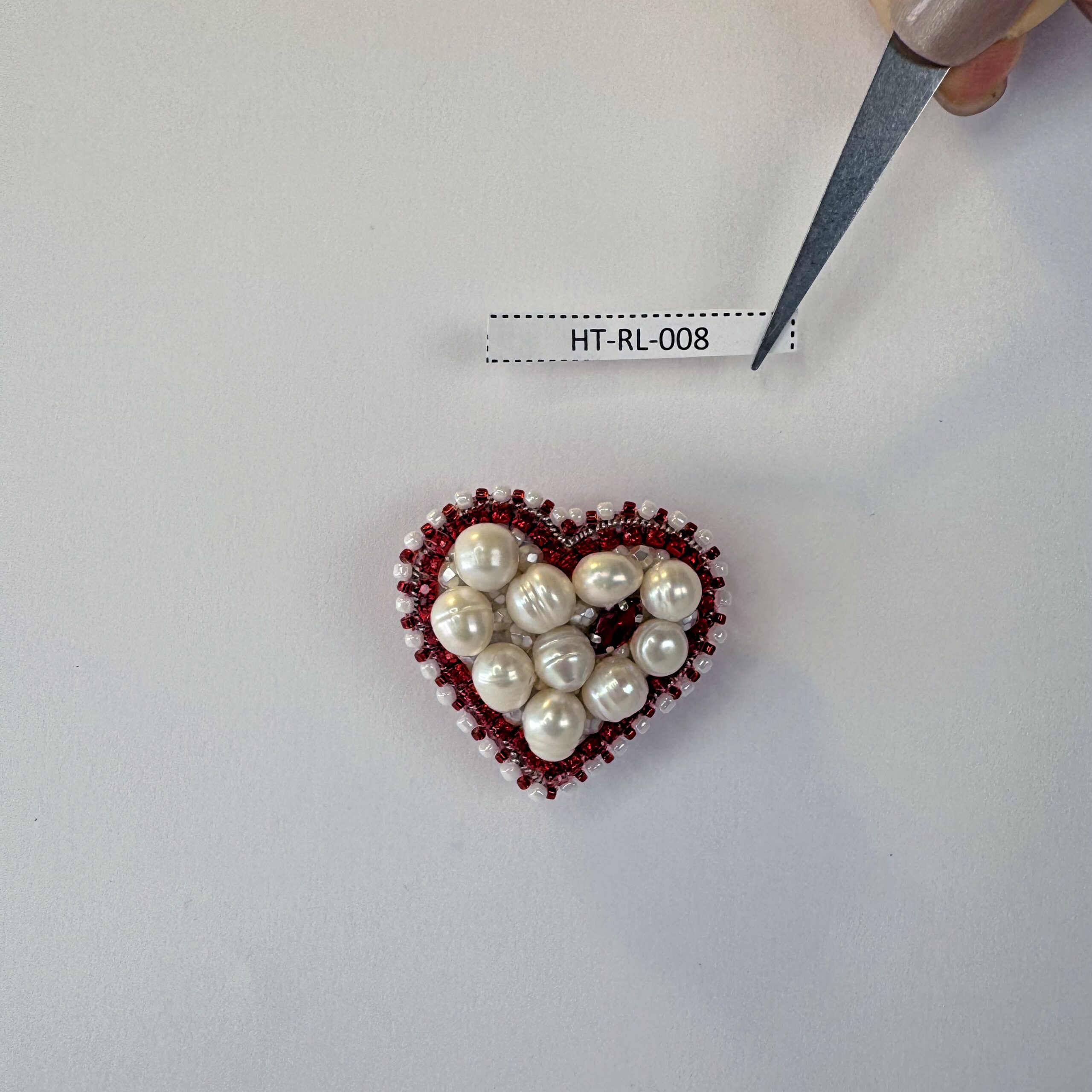 Red Heart Brooch Filled with Pearls, White Pearl Heart Pin Red Border, Handmade Romantic Jewelry, Love Gift for Her — view 1