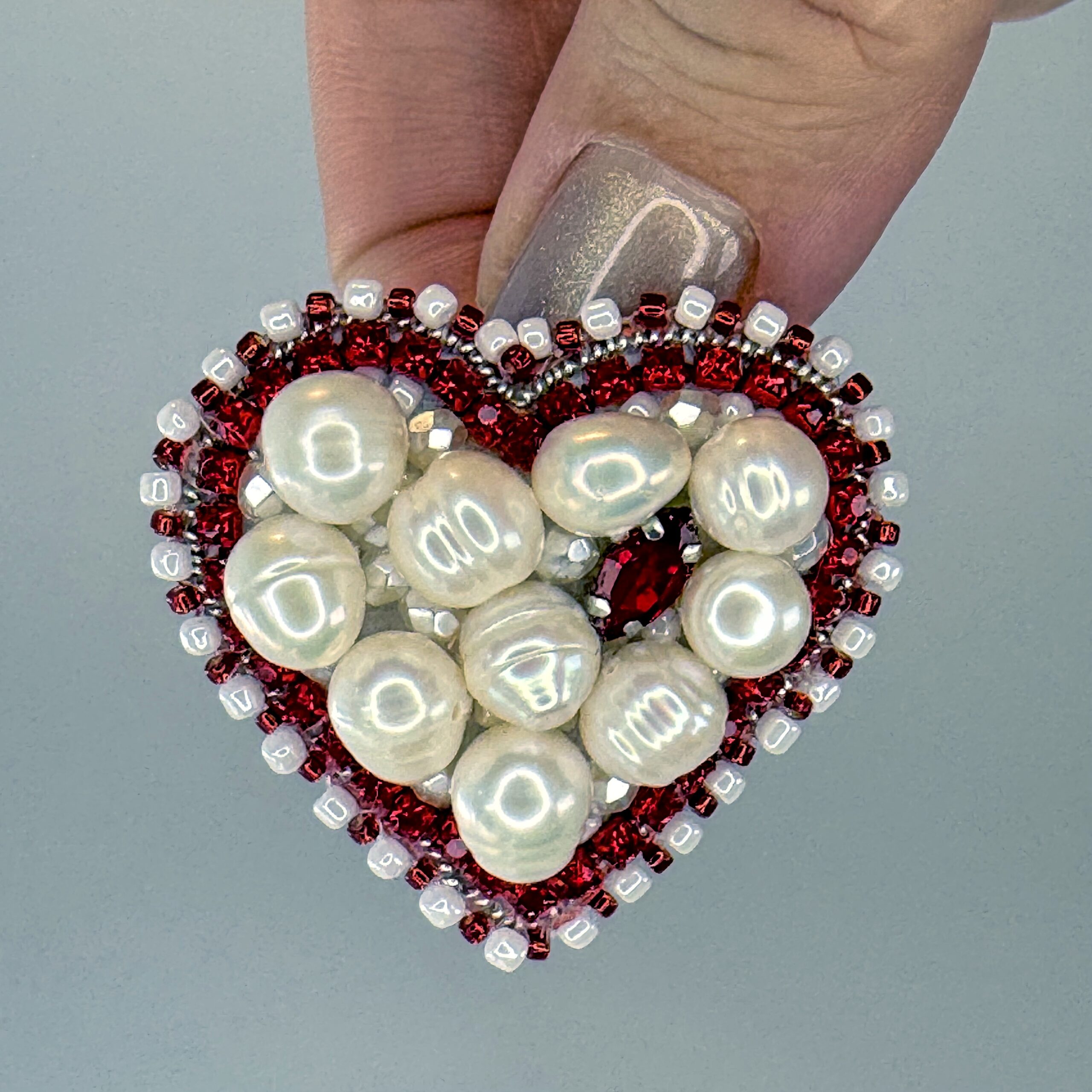 Red Heart Brooch Filled with Pearls, White Pearl Heart Pin Red Border, Handmade Romantic Jewelry, Love Gift for Her — view 5