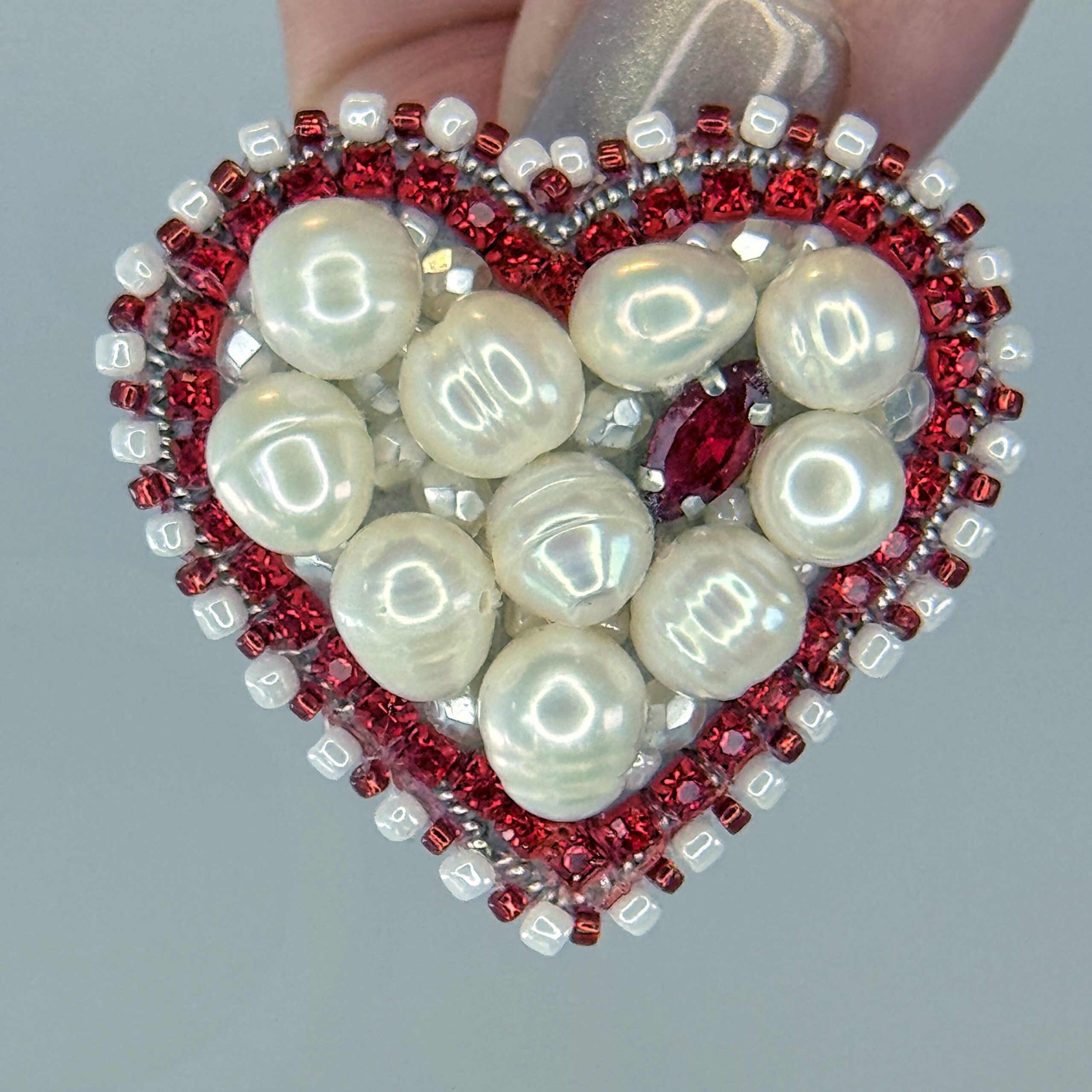 Red Heart Brooch Filled with Pearls, White Pearl Heart Pin Red Border, Handmade Romantic Jewelry, Love Gift for Her — view 6
