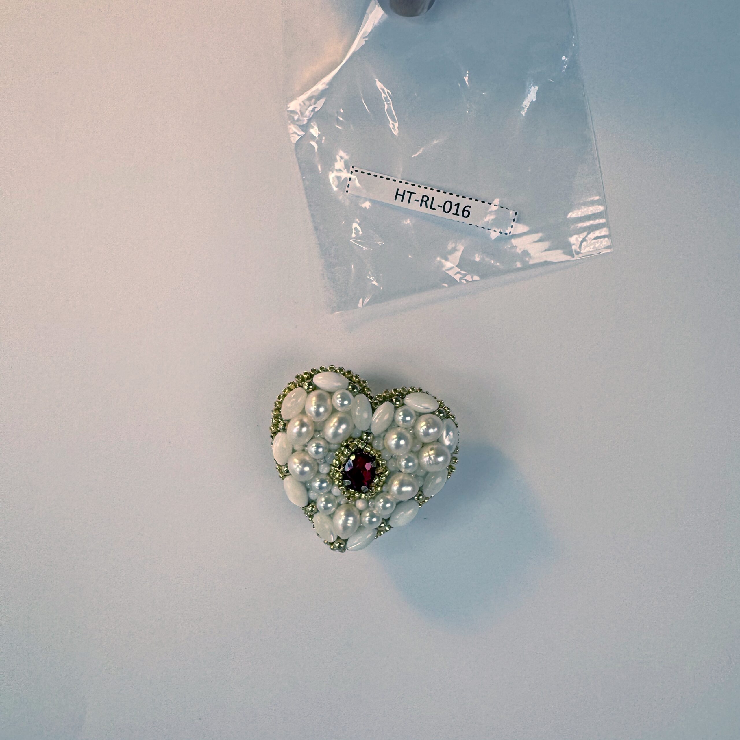 Pearl and Mother of Pearl Heart Brooch, Ivory White Beaded Heart Pin, Natural Pearl Jewelry, Romantic Bridal Brooch, Red Crystal Accent Heart, Handmade Pearl Gift for Her, Elegant Wedding Accessory, P.S. Jewelry — view 9