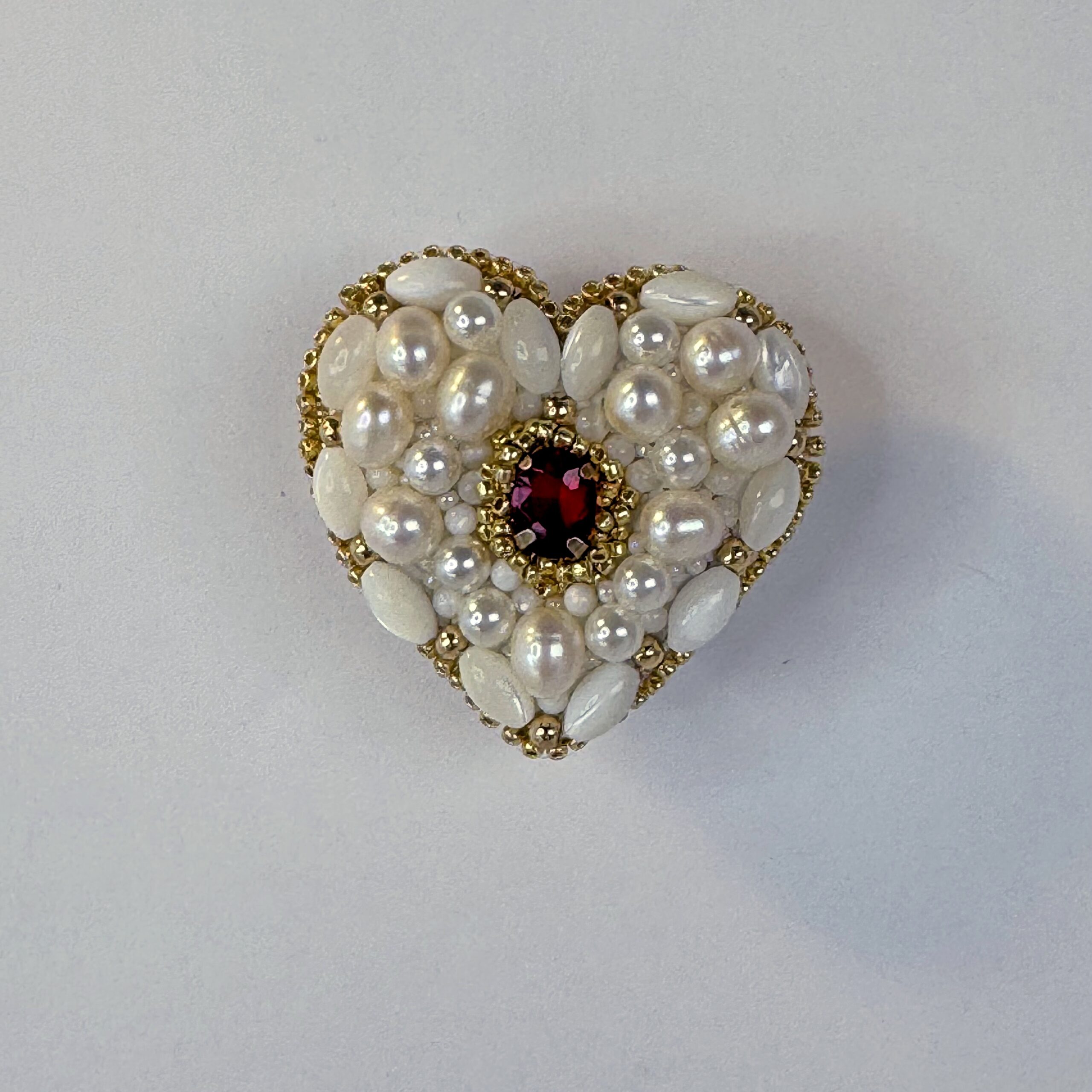 Pearl and Mother of Pearl Heart Brooch, Ivory White Beaded Heart Pin, Natural Pearl Jewelry, Romantic Bridal Brooch, Red Crystal Accent Heart, Handmade Pearl Gift for Her, Elegant Wedding Accessory, P.S. Jewelry — view 10