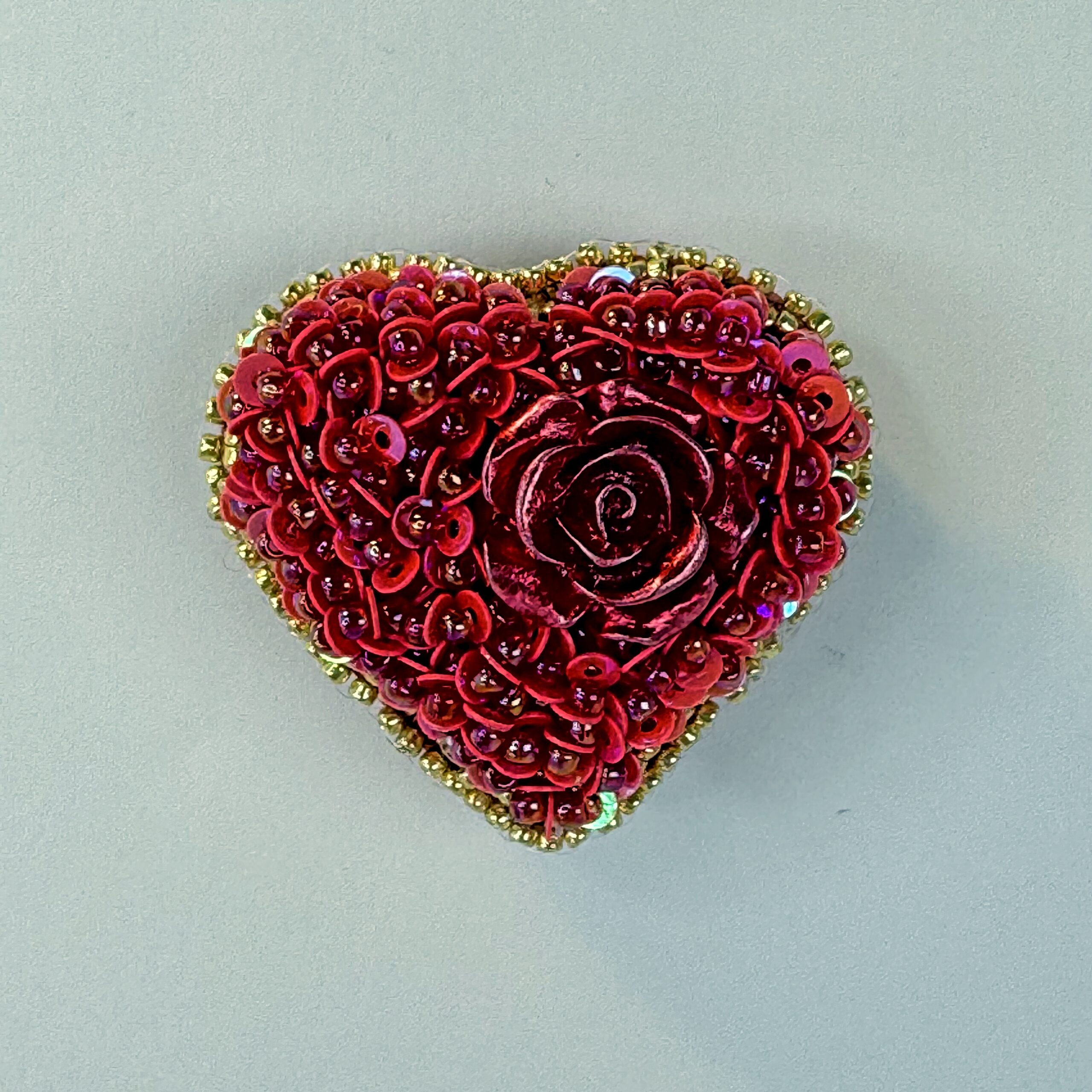Red Rose Heart Brooch with Sequins, Beaded Heart Pin Rose Cabochon Gold Border, Handmade Valentine Jewelry Love Gift — view 6